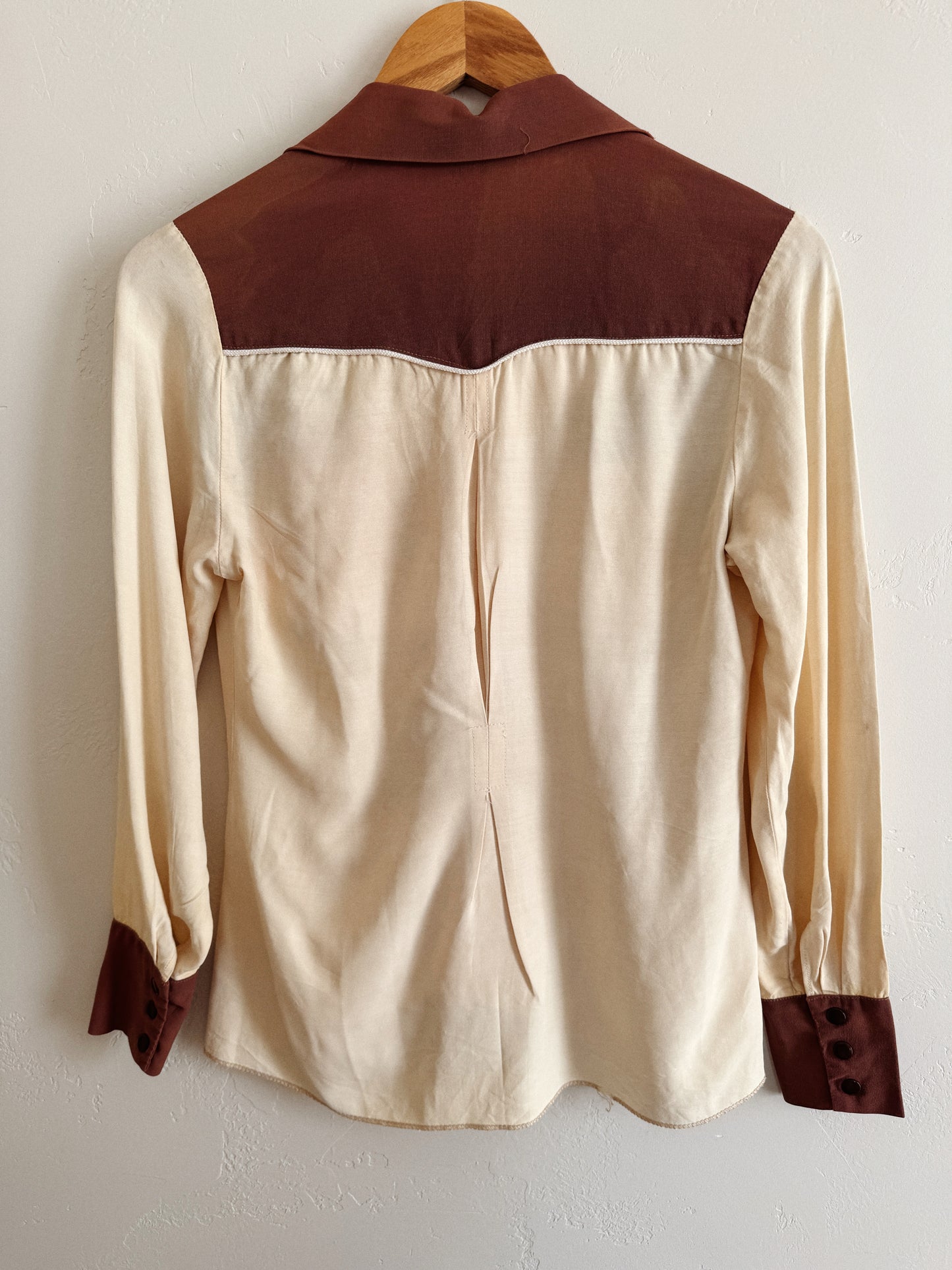 1940s Western Creme + Brown Chain Stitched Blouse- S-S/M