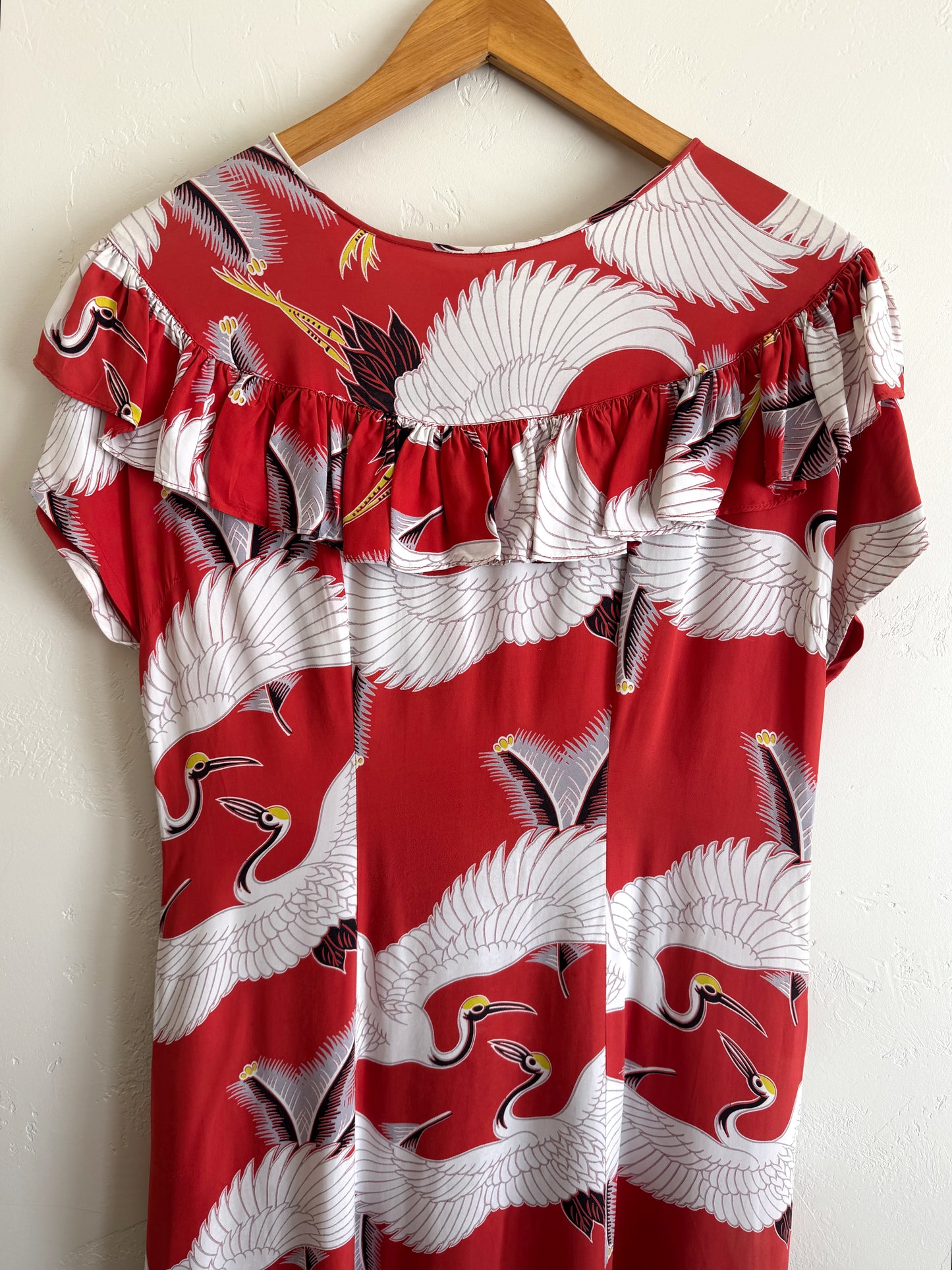 1940s Rare Red Crane Hawaiian Cold Rayon Dress- L