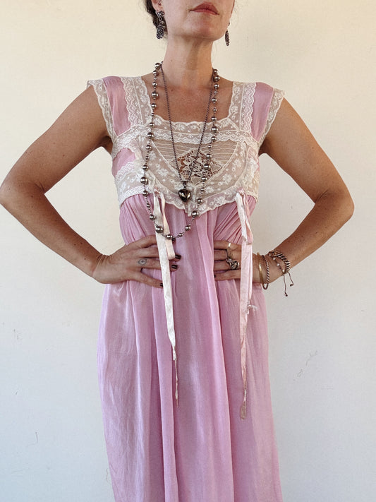 Edwardian Lavender Silk + Lace Nightgown Dress- S/M