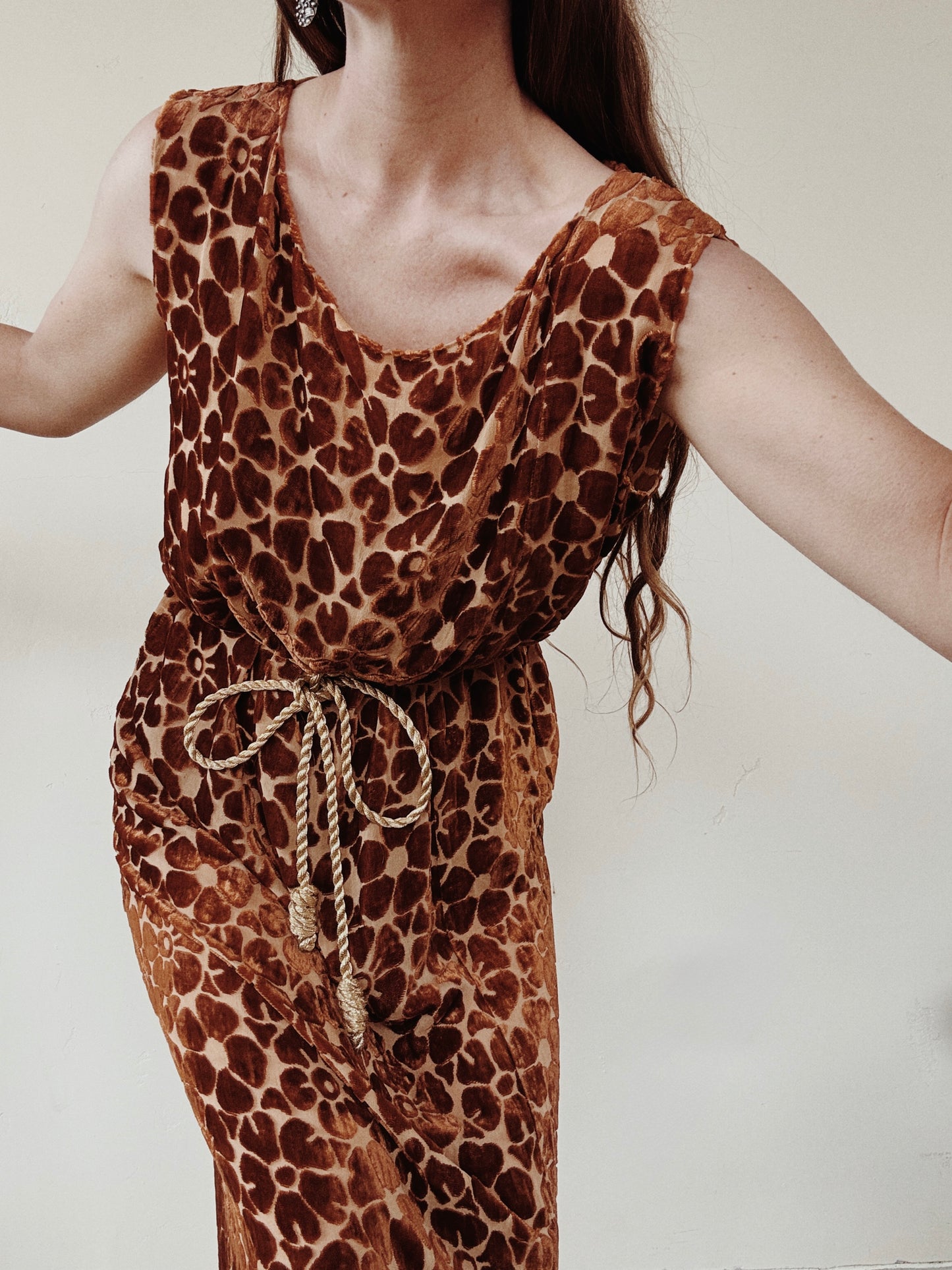 1920s Auburn Devore Silk Velvet Column Gown- S/M