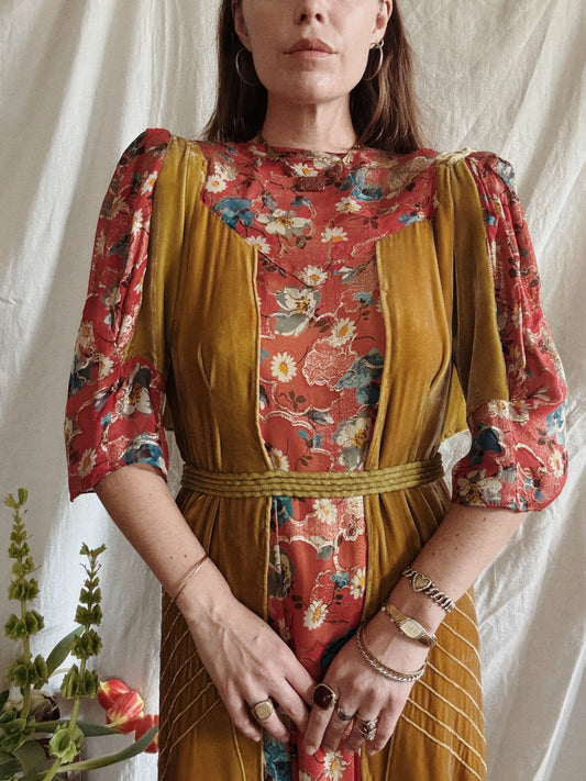 1930s Medieval Golden Velvet + Red Floral Lamé Gown- S/M