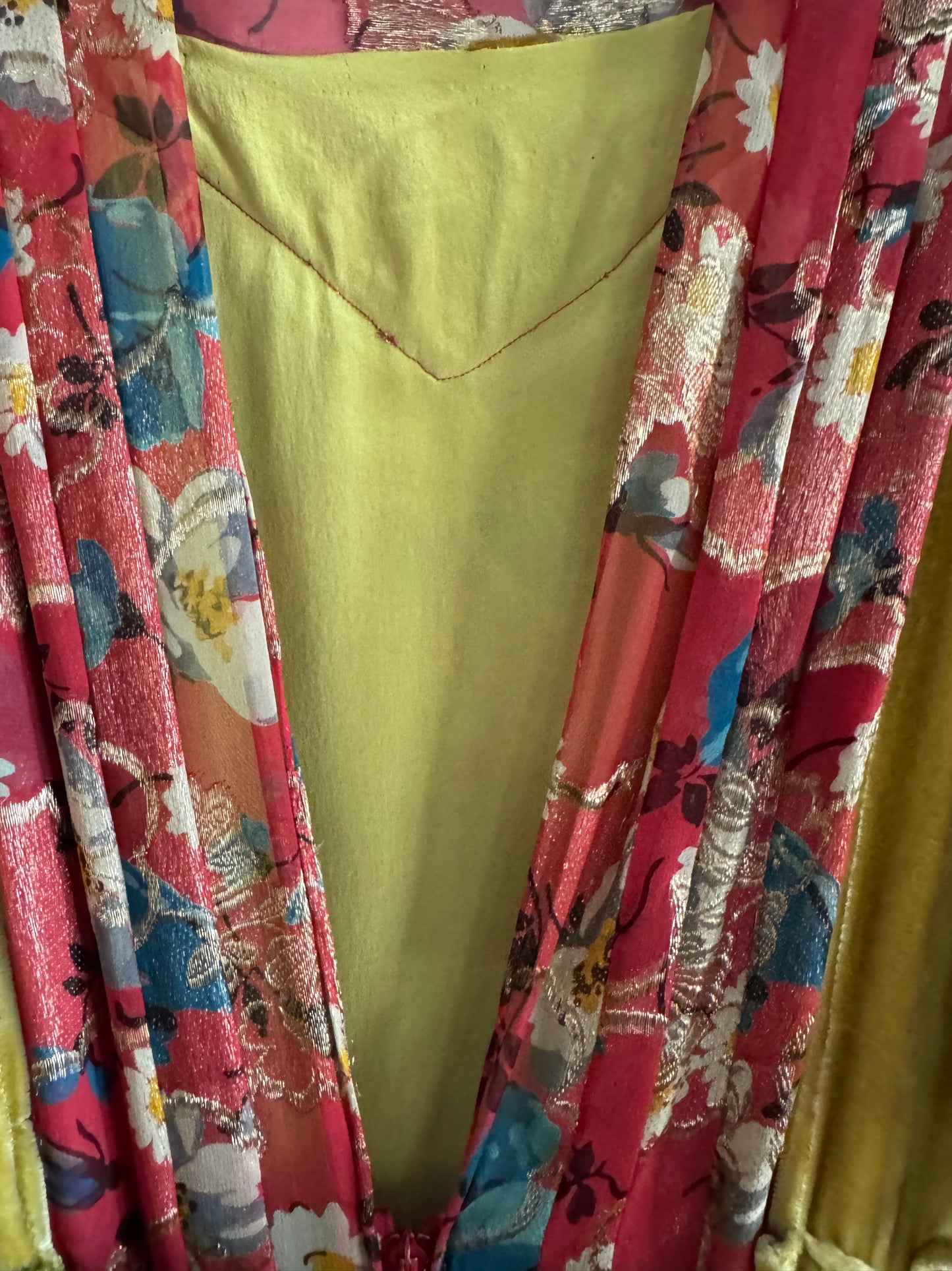 1930s Medieval Golden Velvet + Red Floral Lamé Gown- S/M