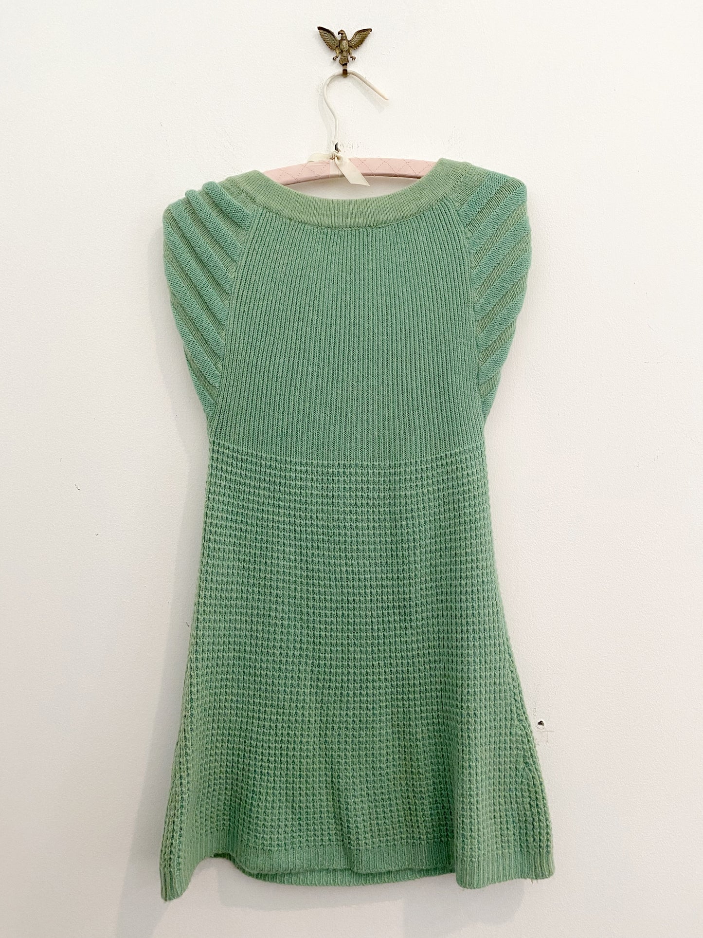 1960s/70s- Minty Green Waffle Knit Mini Dress- S