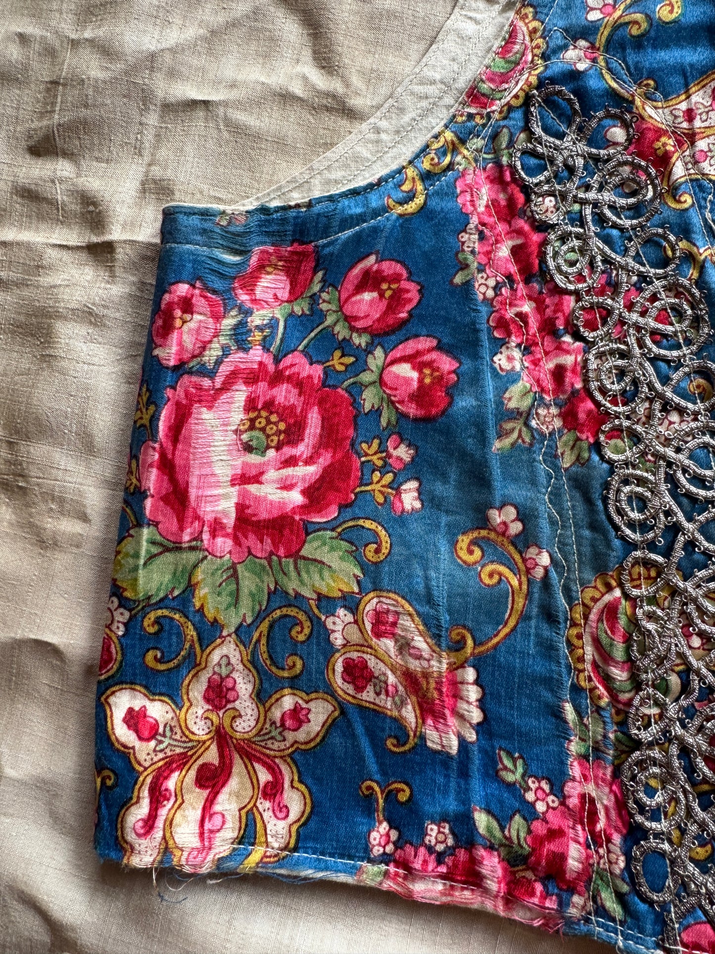Antique Eastern European Silk Rose Folk Bodice Vest- S/M