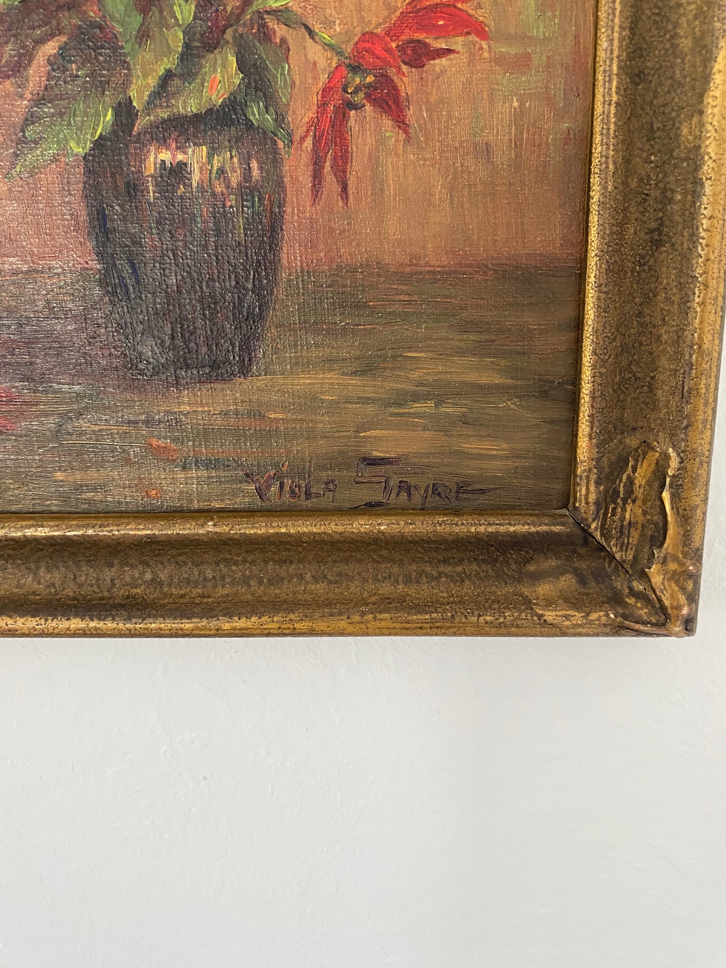 1920s/30s Red Floral Framed Still Life Signed Viola Sayer- 10x12”