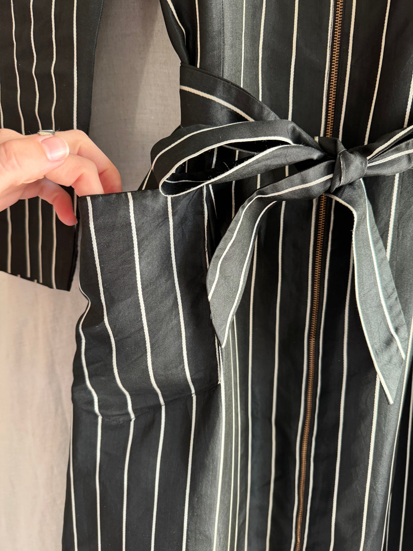1940s Black Pinstripe Zipper Front Dressing Gown- S/M
