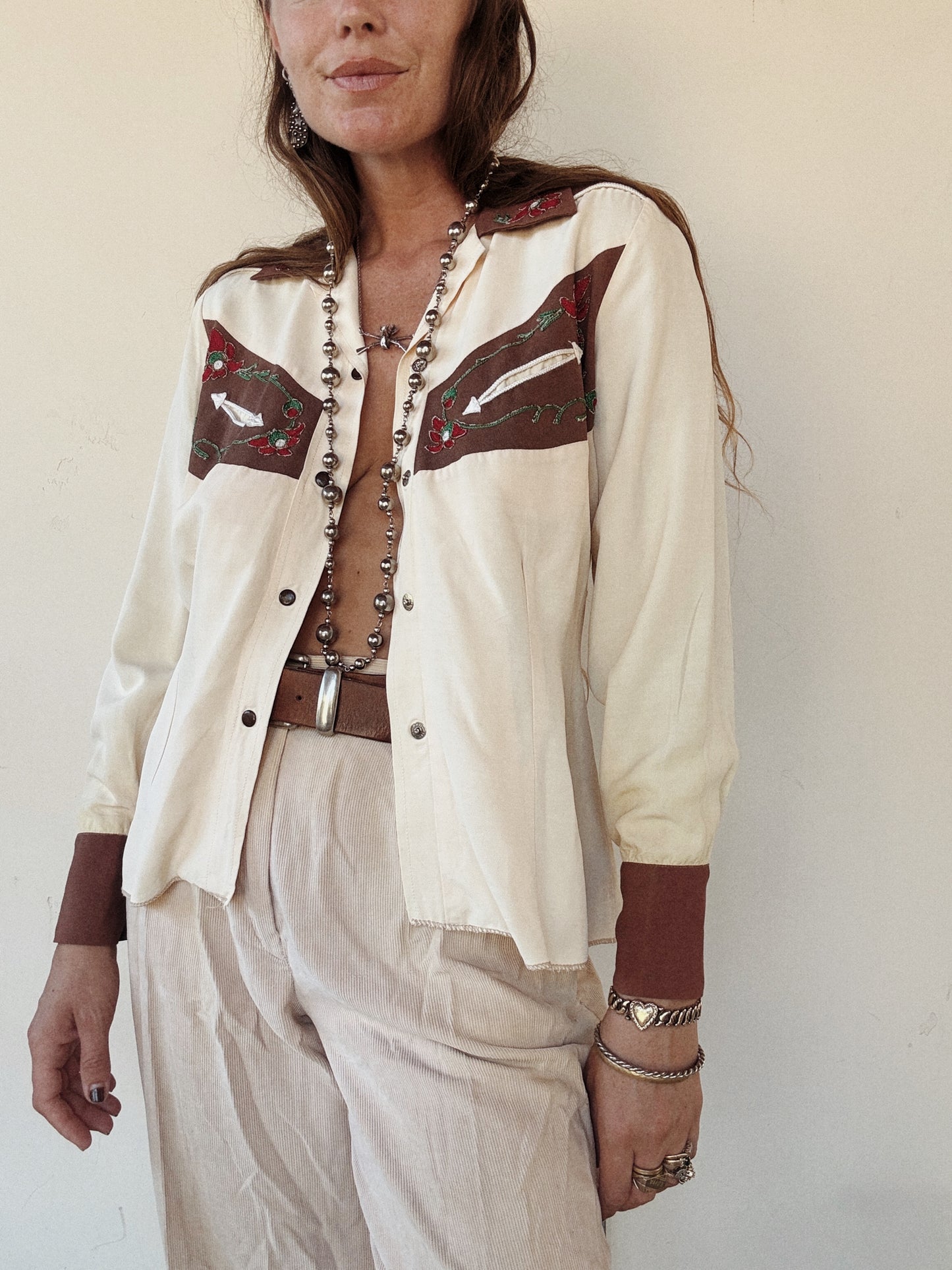 1940s Western Creme + Brown Chain Stitched Blouse- S-S/M