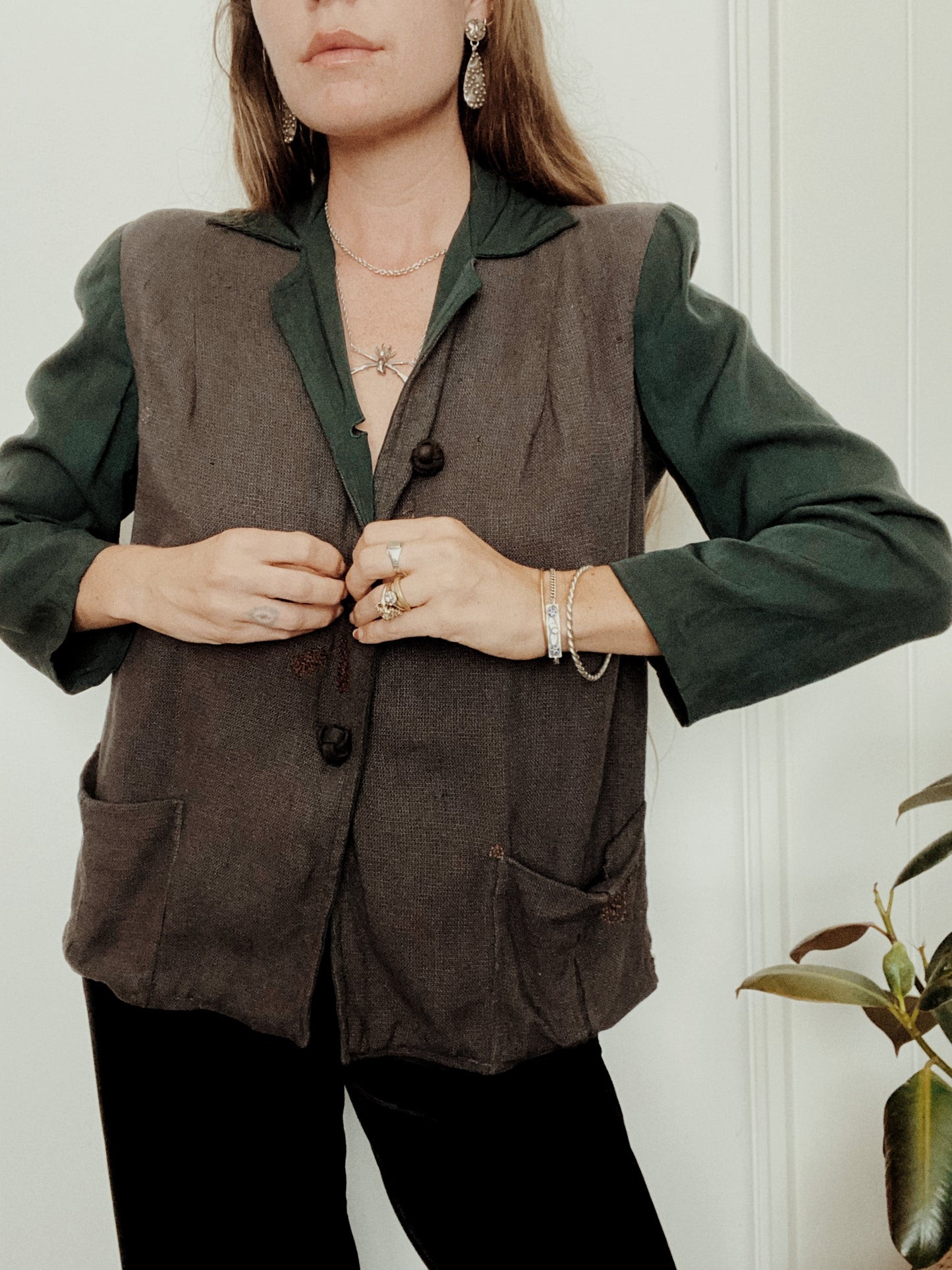 1940s Forest Green Wool + Gabardine Sports Jacket- M