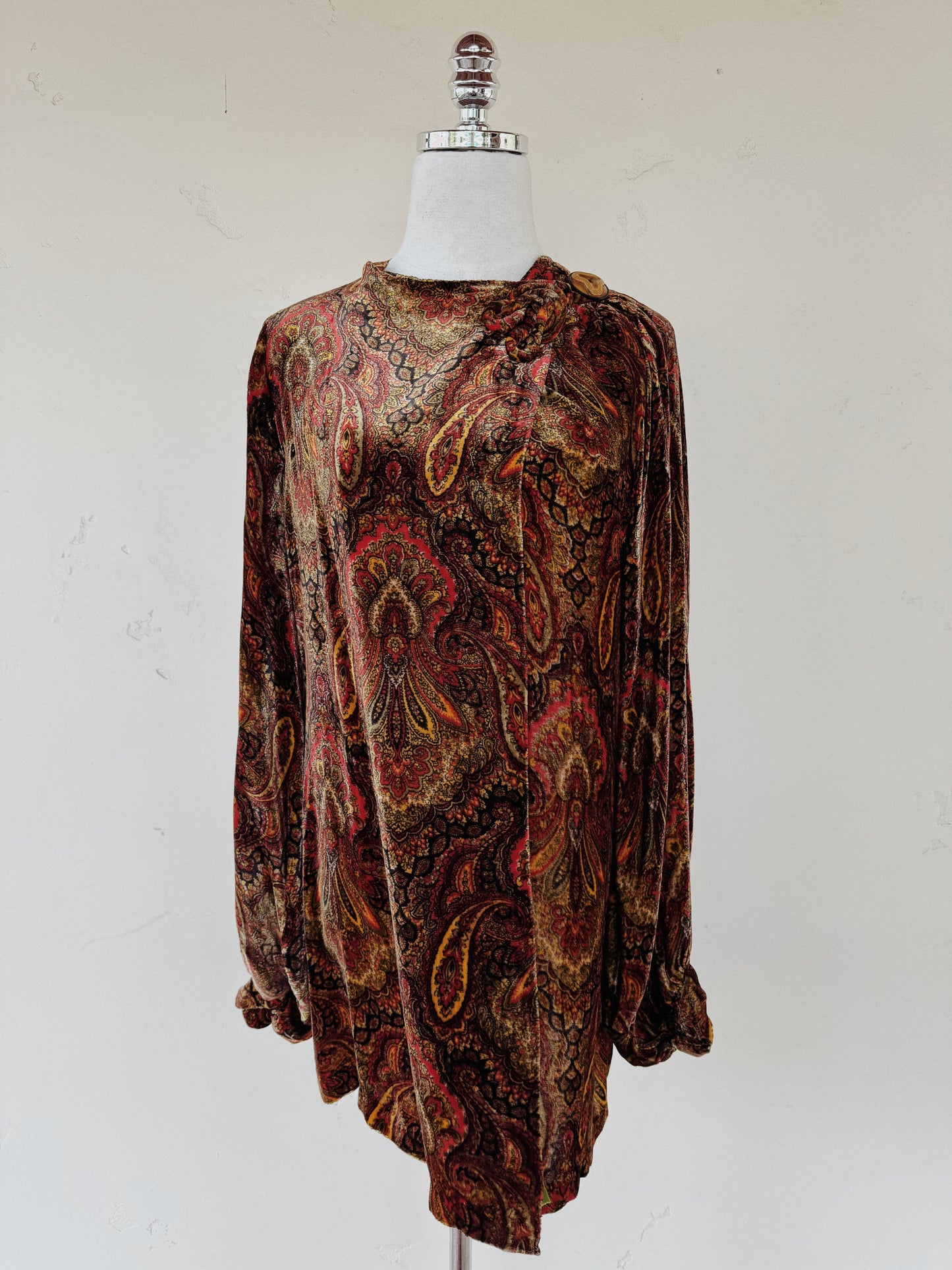 1930s Paisley Silk Velvet Jacket w/ Large Celluloid Button- S/M