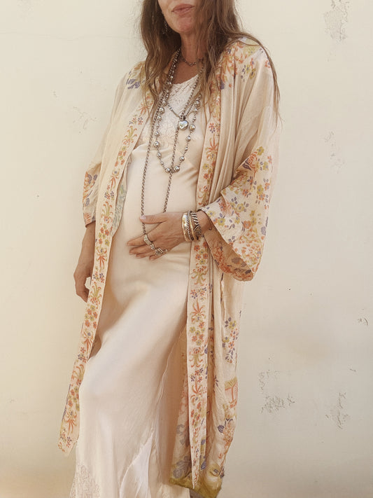 1920s Chartreuse + Periwinkle Pongee Silk Duster Robe