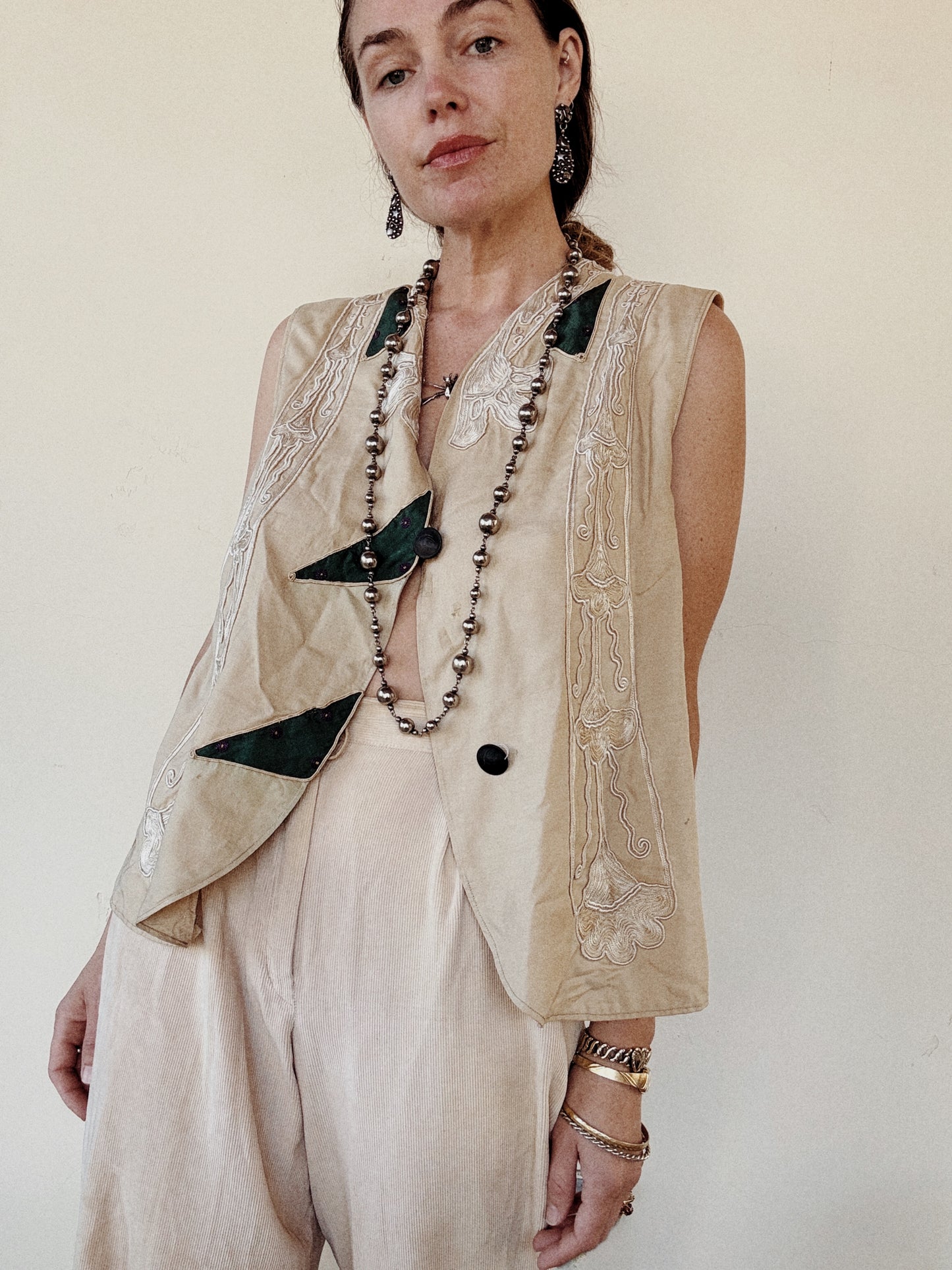 Antique Ecru Art Nouveau Silk Patchwork Vest