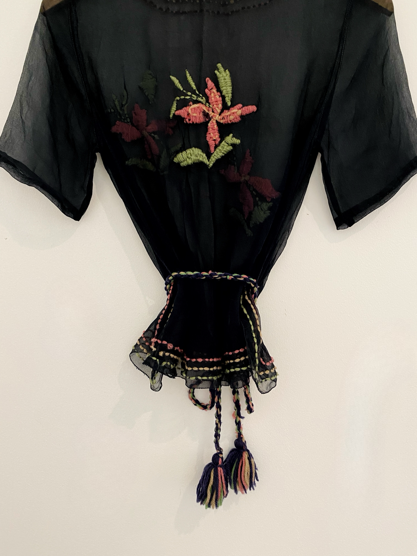 1920s Black Chiffon Top W/ Floral Embroidery- S/M
