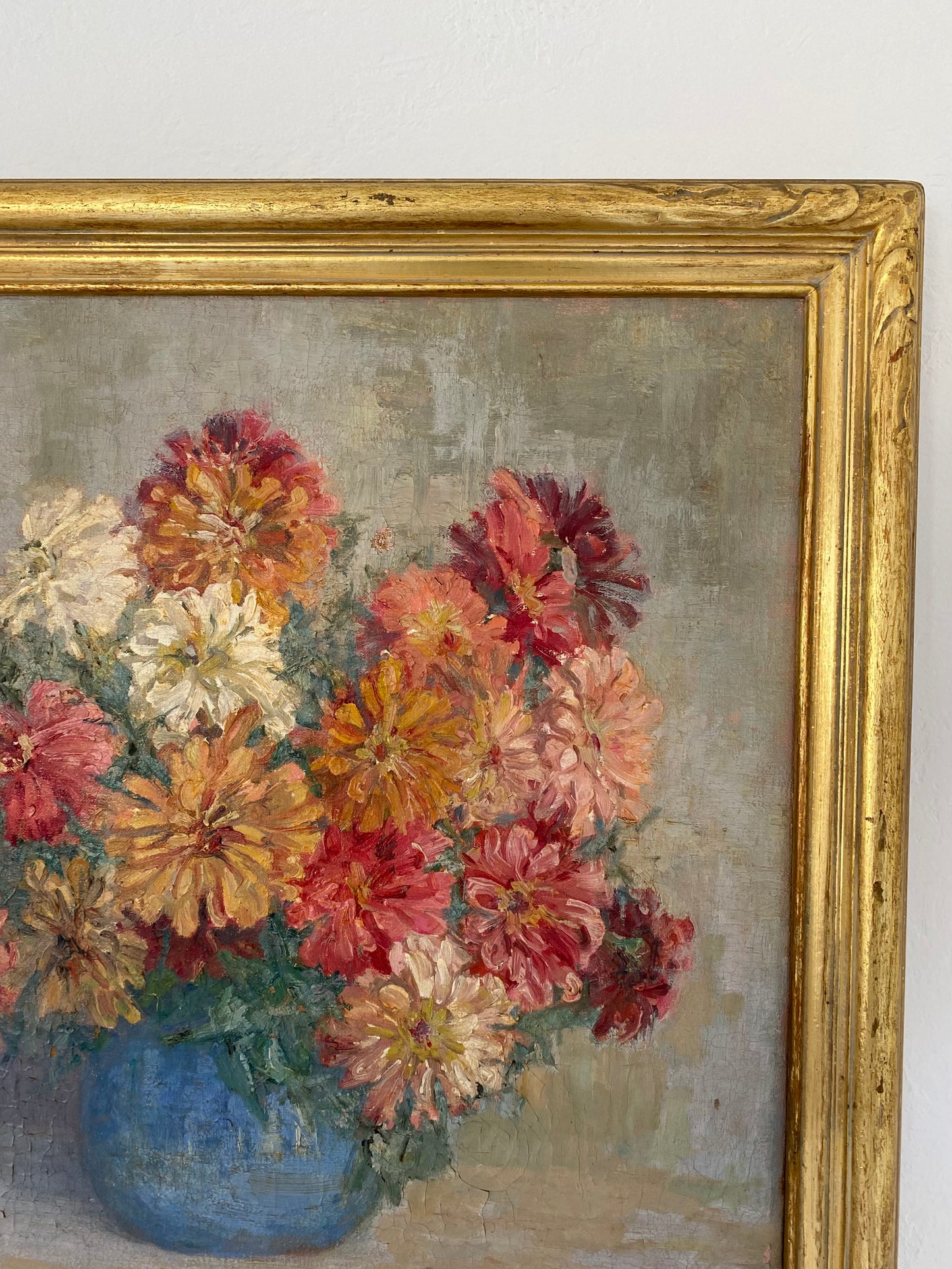 1930s Large Pink Floral Still Life of Zinnias in Gilt Frame- 23x25”