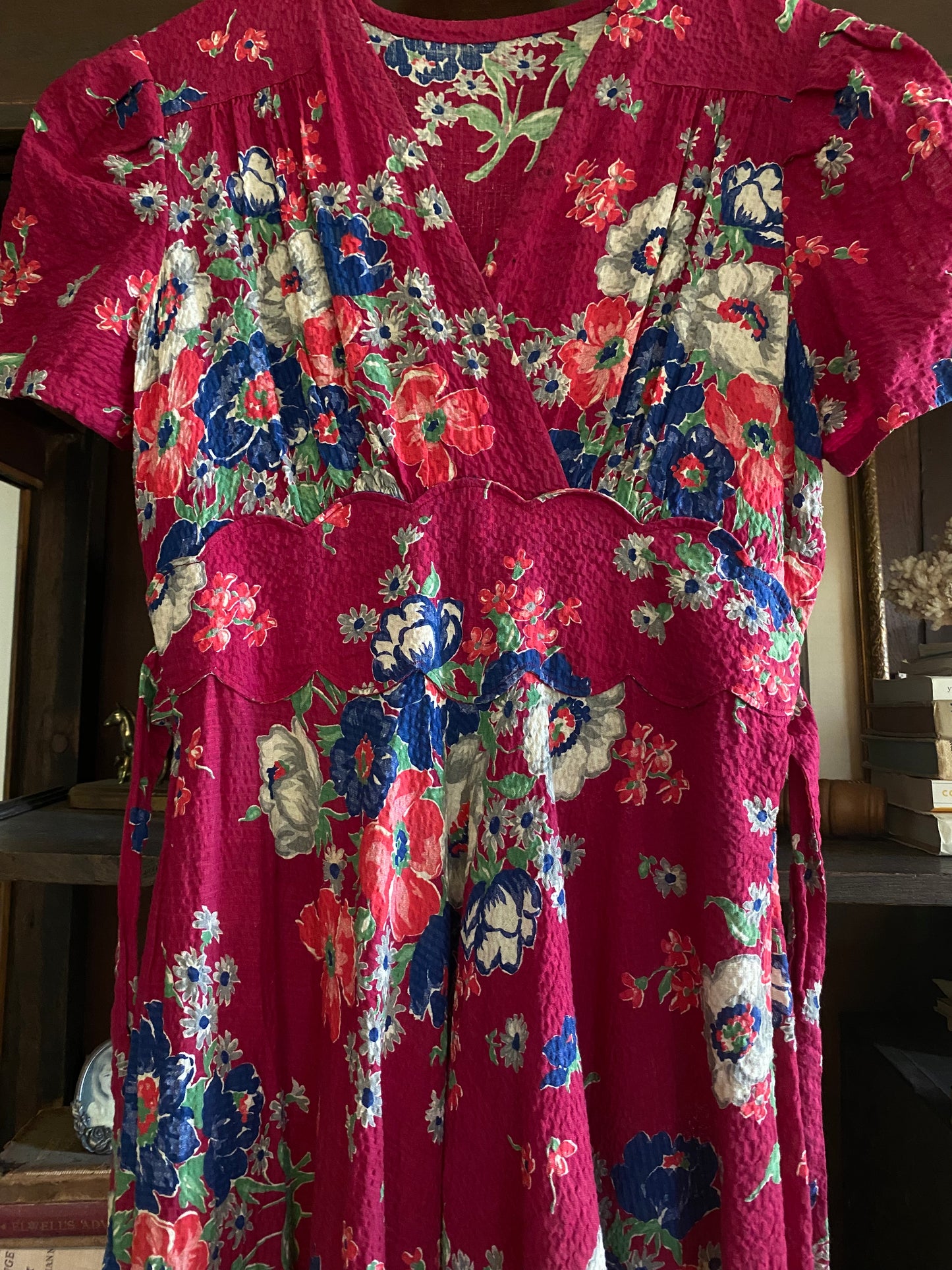 1930s Burgundy Fleur Puffed Sleeve Seersucker Maxi Dress- S