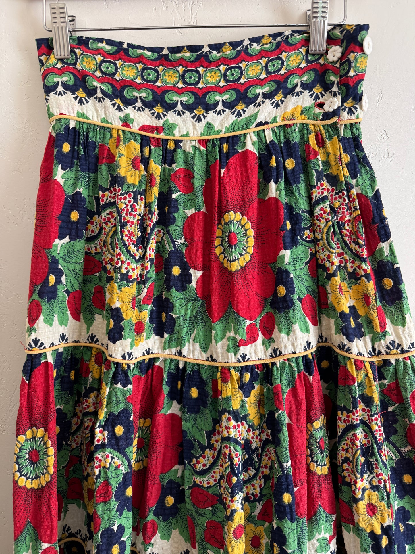 1940s Red + Navy Floral Seersucker Maxi Skirt- S/M