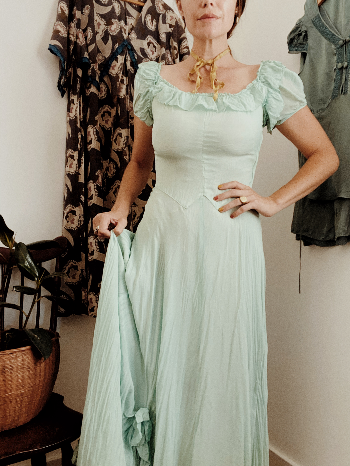 1940s Minty Chiffon Ruffled Gown- 5/6