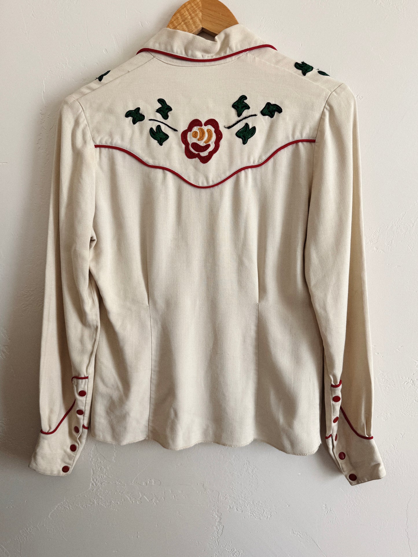 1940s Ivory Western Floral Chain Stitched Blouse- S/M