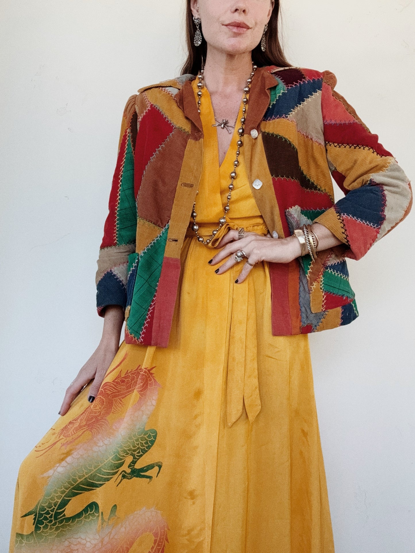 1940s Corduroy Crazy Quilt Jacket w/ Puffed Shoulders- S-M