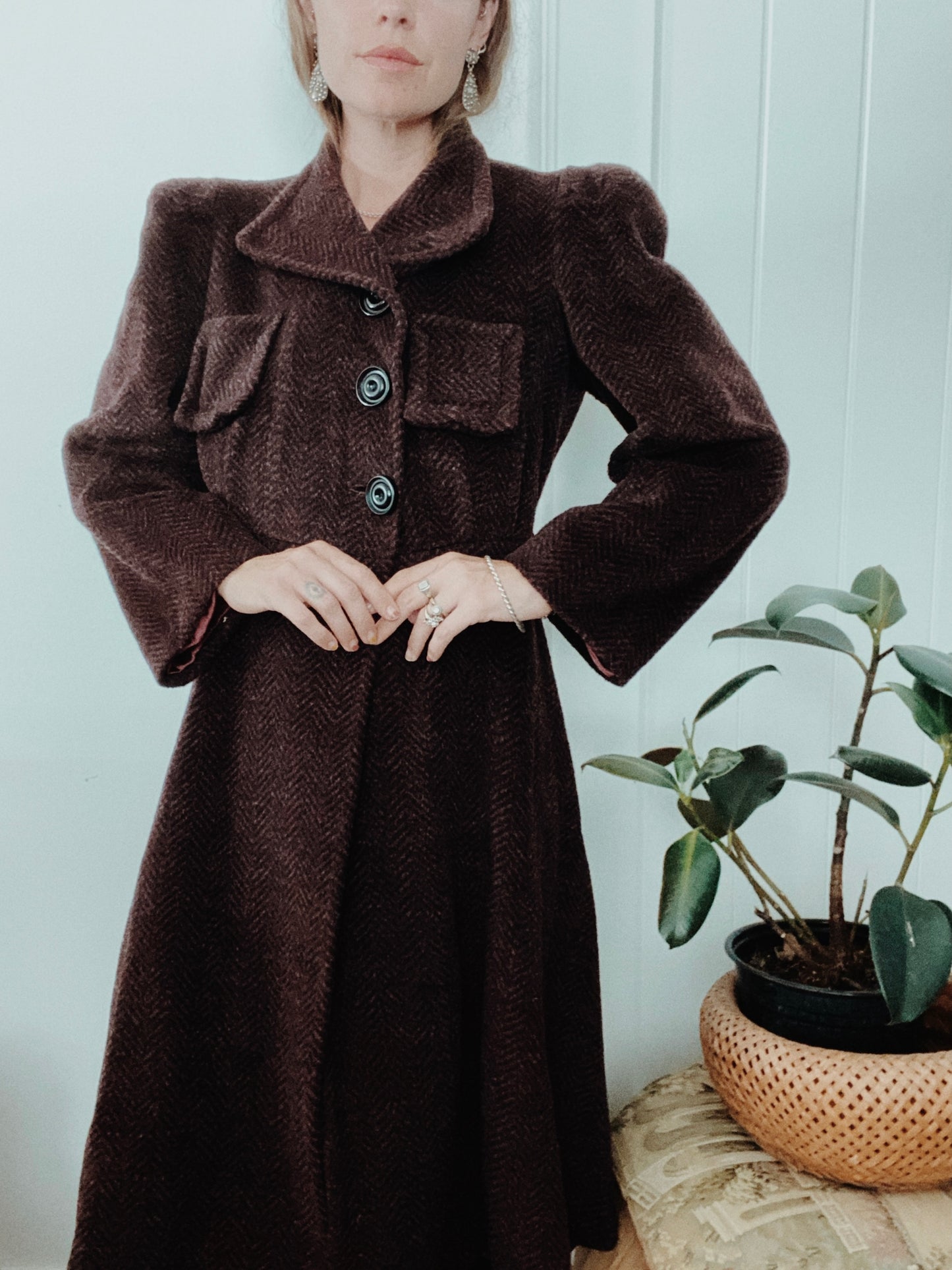 1930s Brown + Purple Chevron Puffed Sleeve Coat- M/L