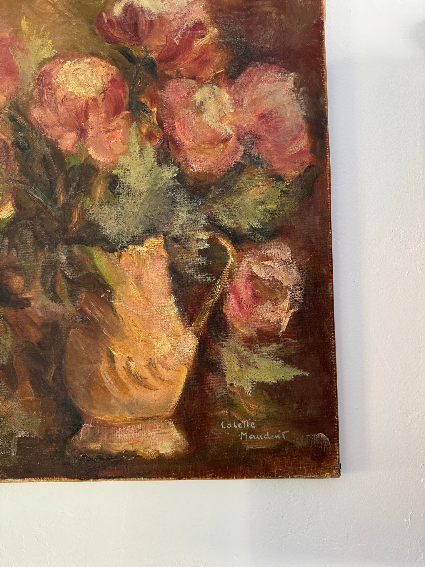 1930s/40s Peonies in Vase. Oil on Canvas- 15 x 18”