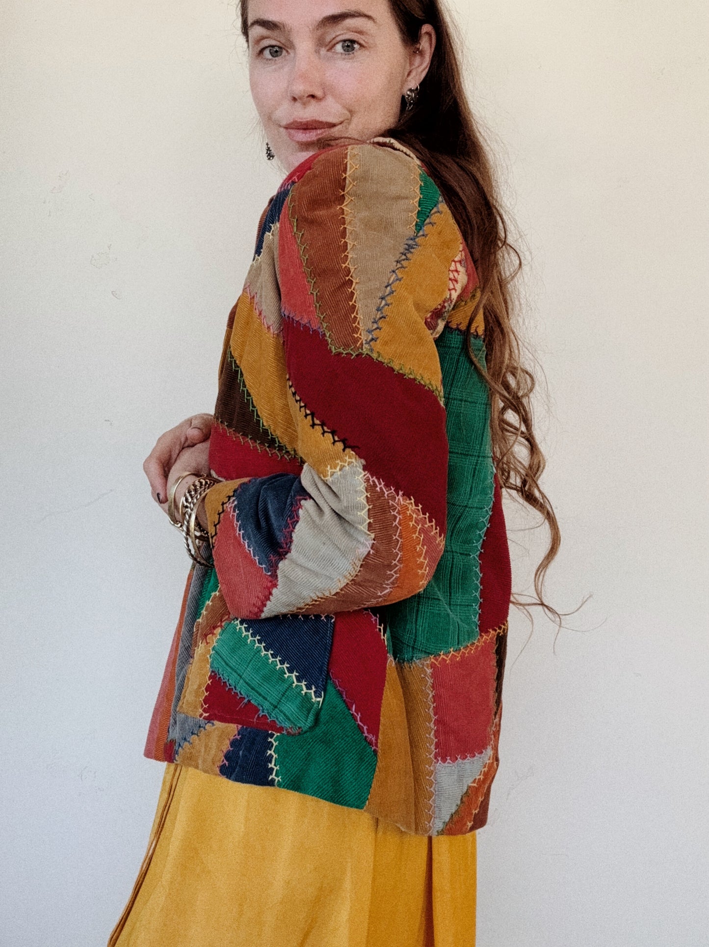 1940s Corduroy Crazy Quilt Jacket w/ Puffed Shoulders- S-M