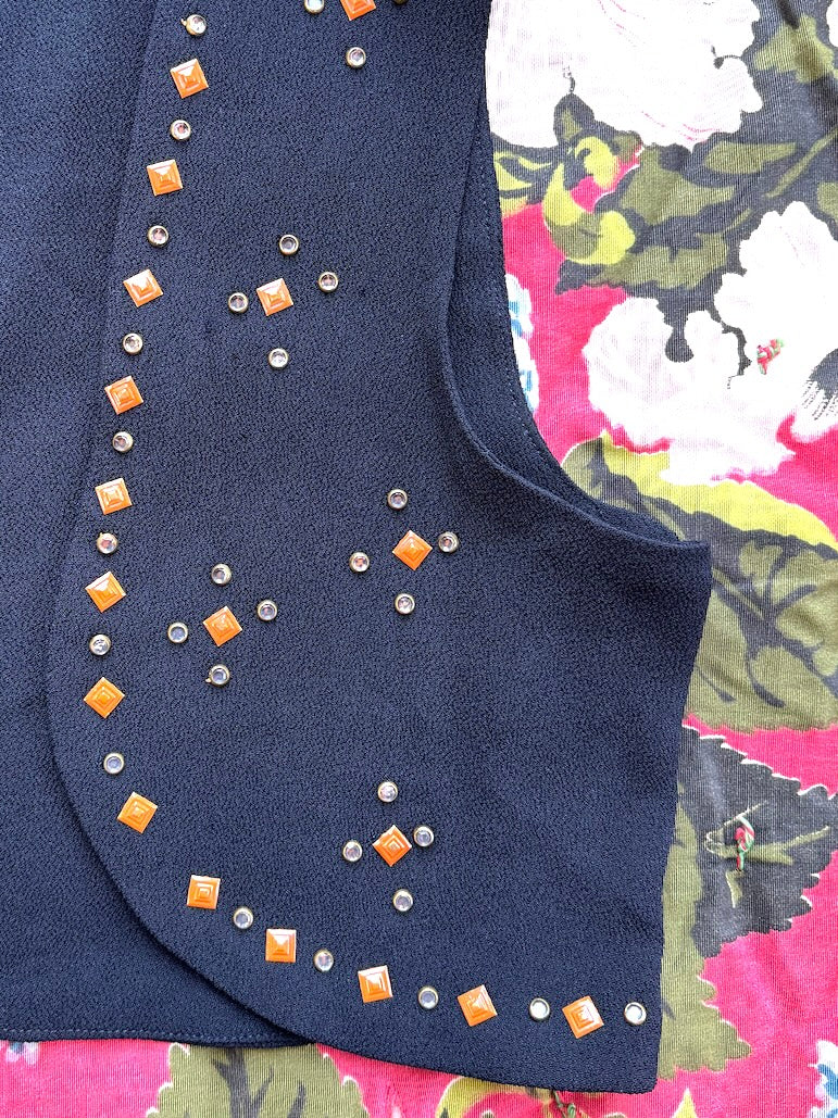 1930s Black Rayon Crepe Vest w/ Orange Studs + Rhinestones- XS/S