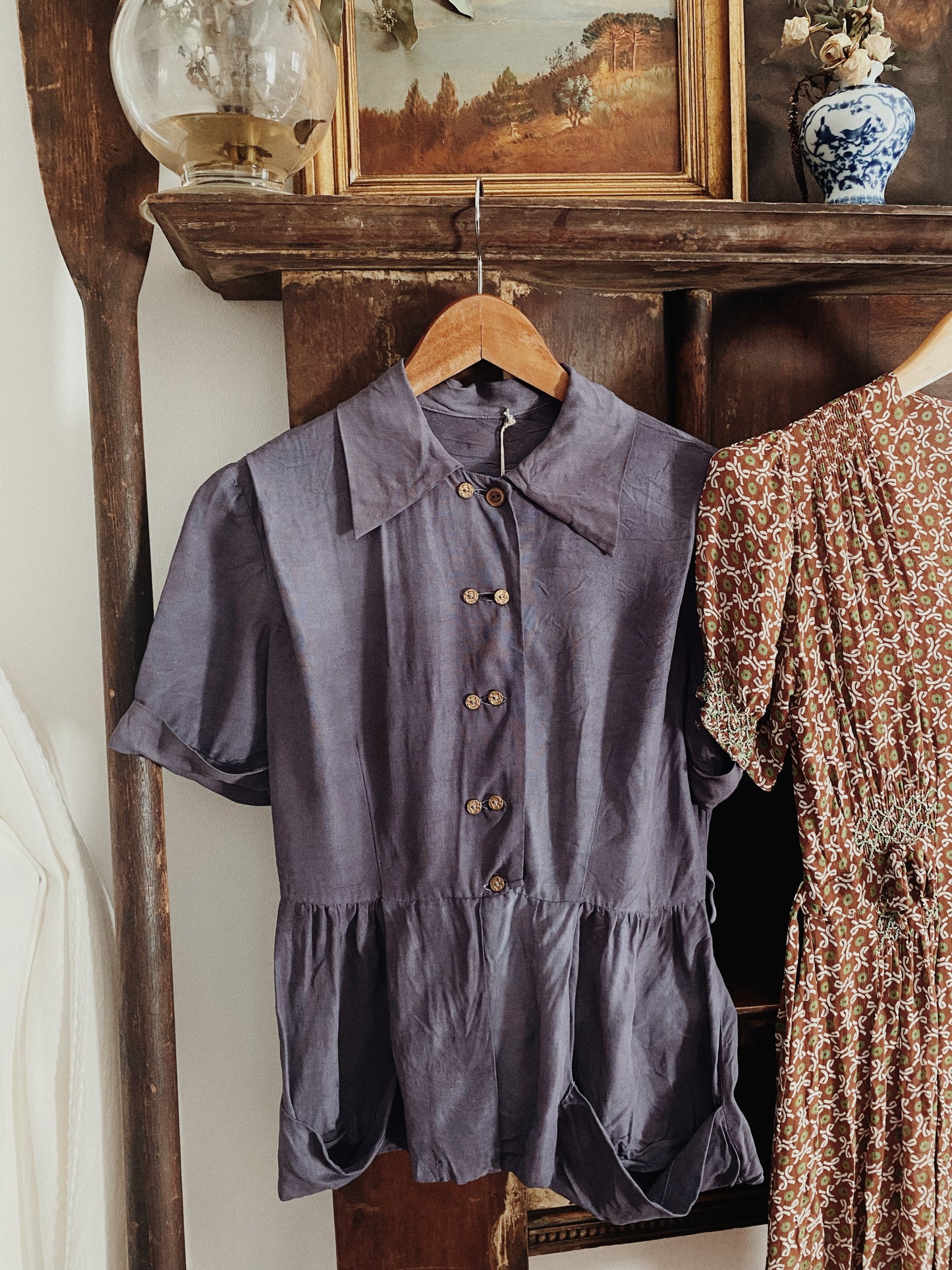 1940s Lilac Peplum Rayon Blouse w/ Brass Button- S