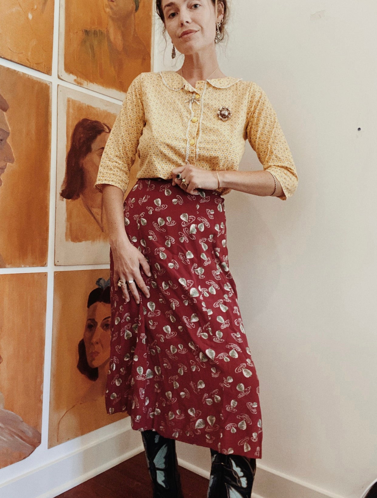1940s Novelty Print Twirling Top Rayon Skirt- XS/S