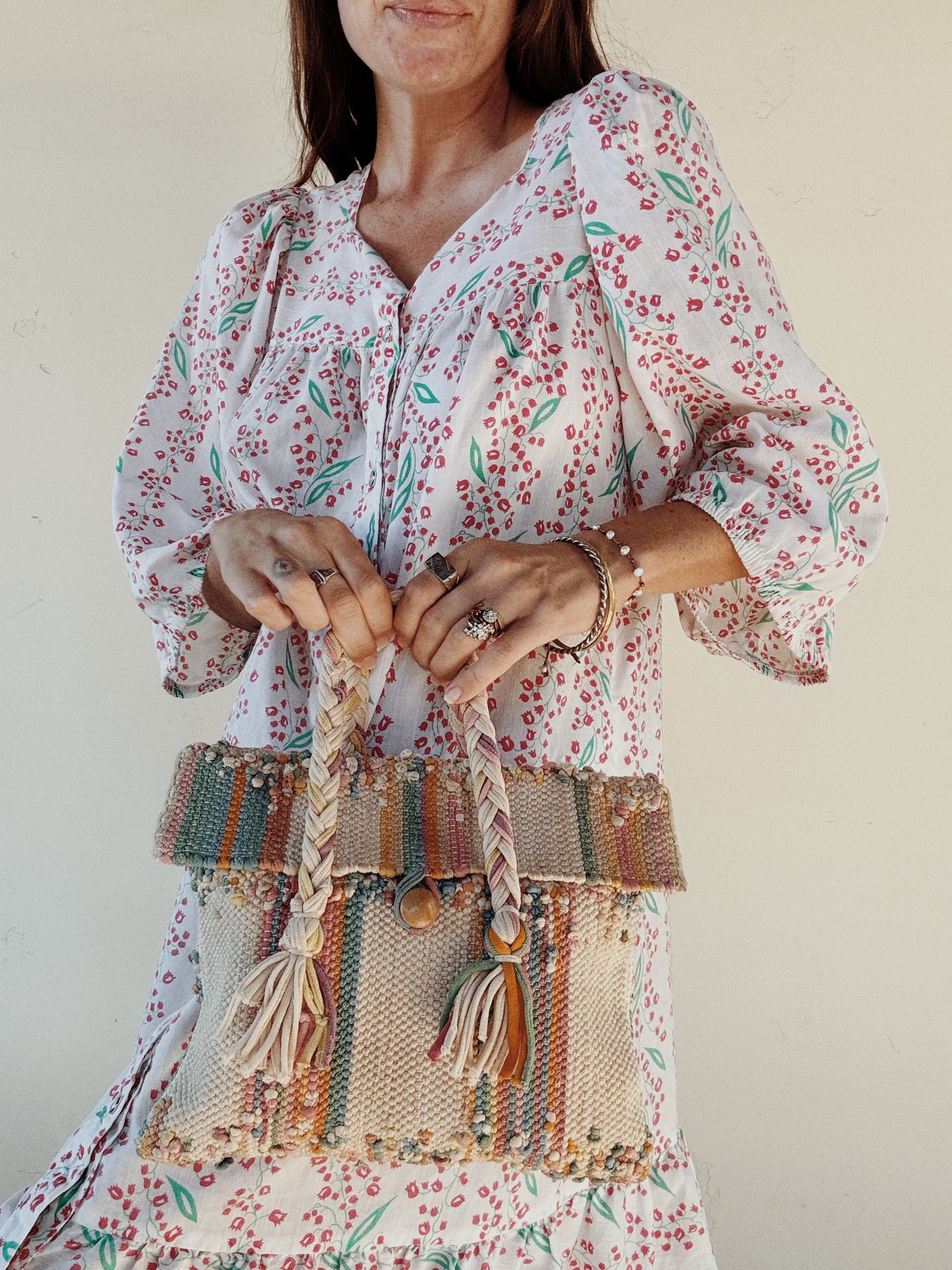 1930s Beige + Rainbow Woven Bag