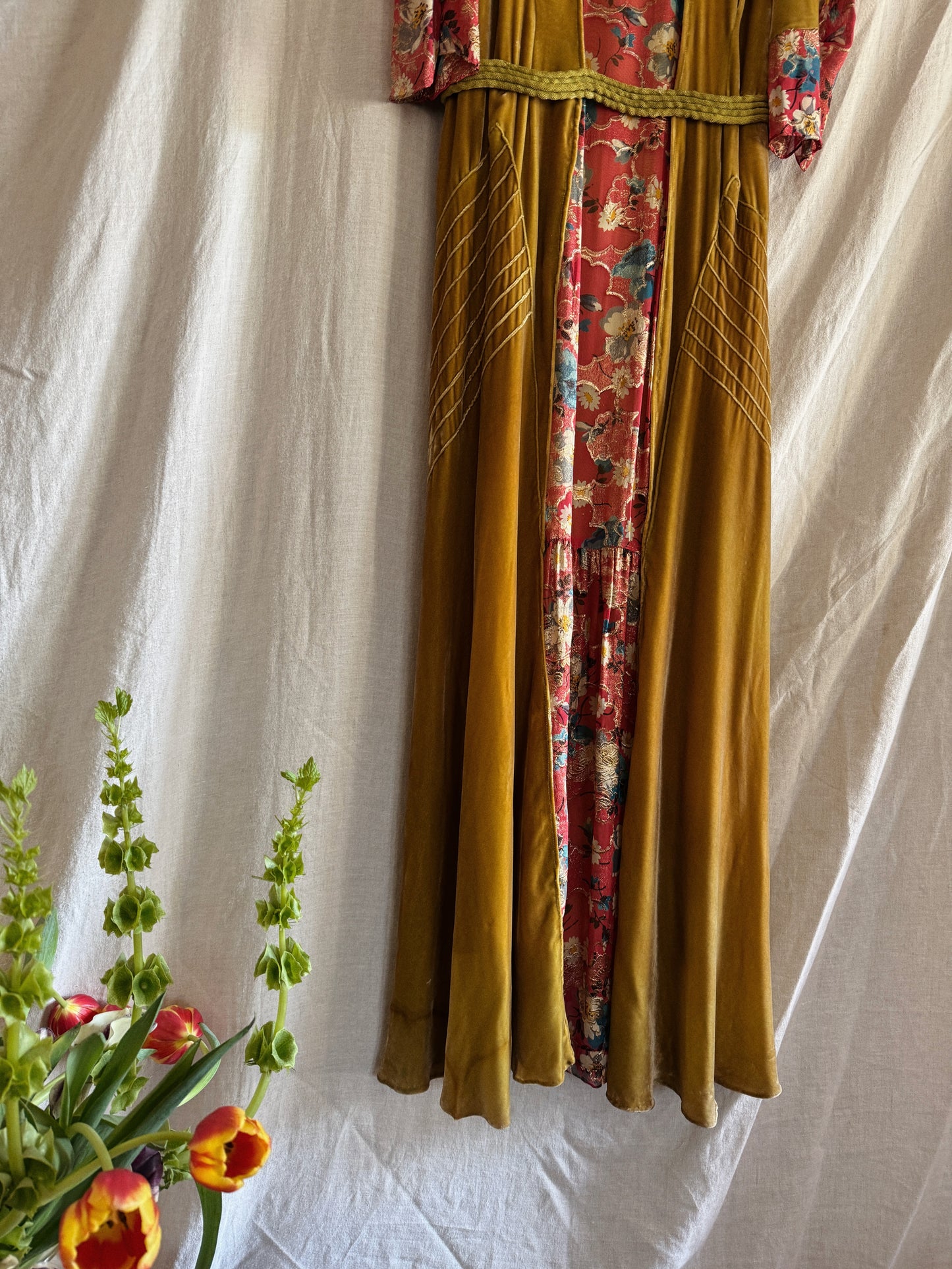 1930s Medieval Golden Velvet + Red Floral Lamé Gown- S/M