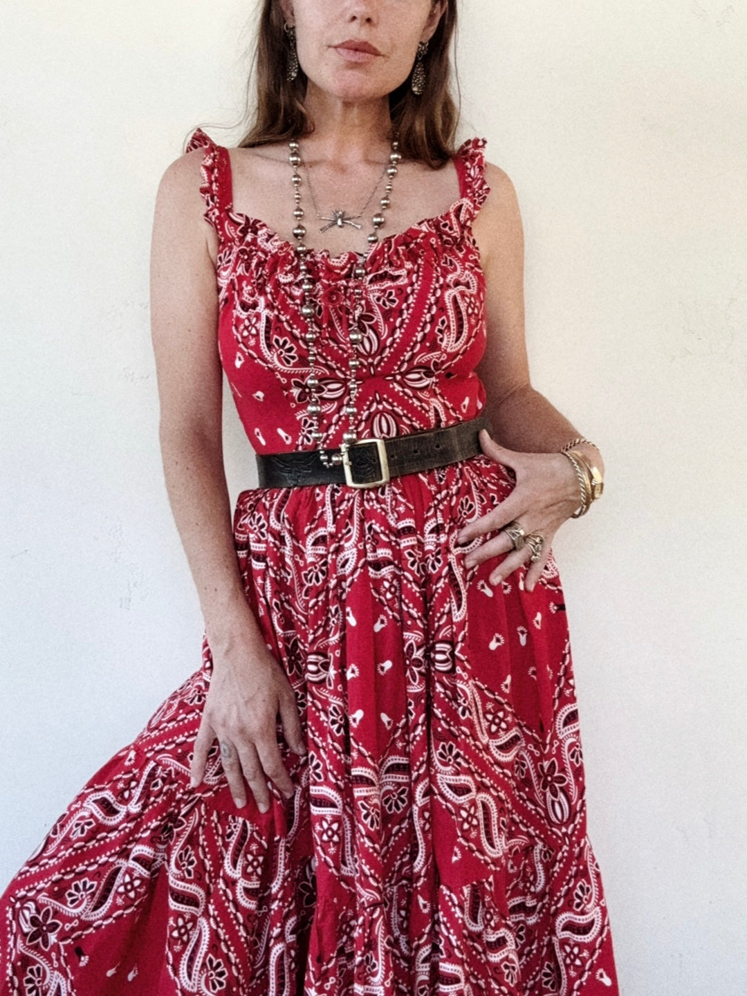 1950s Red Paisley Western Cowgirl Swing Dress- S