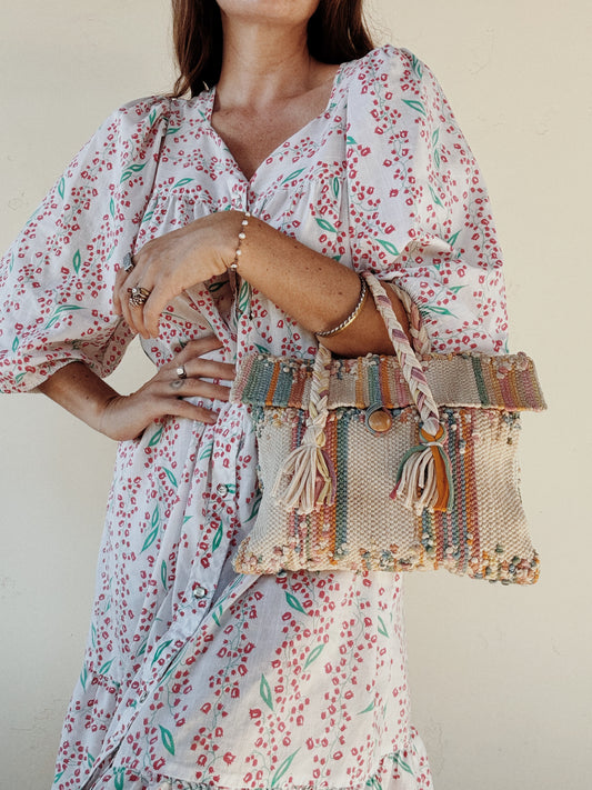 1930s Beige + Rainbow Woven Bag