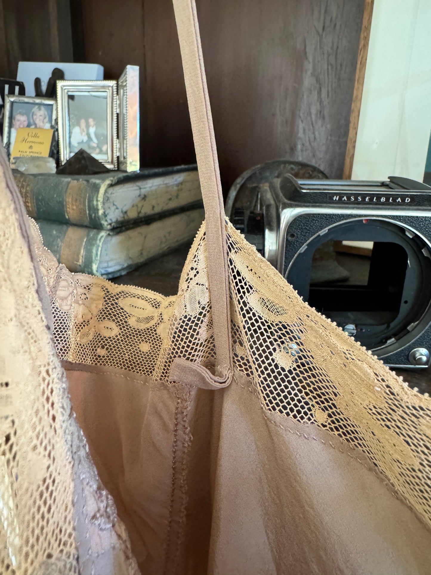 1930s Creamy Mocha Silk Slip Dress w/ Lace + Foliage Appliqué- S