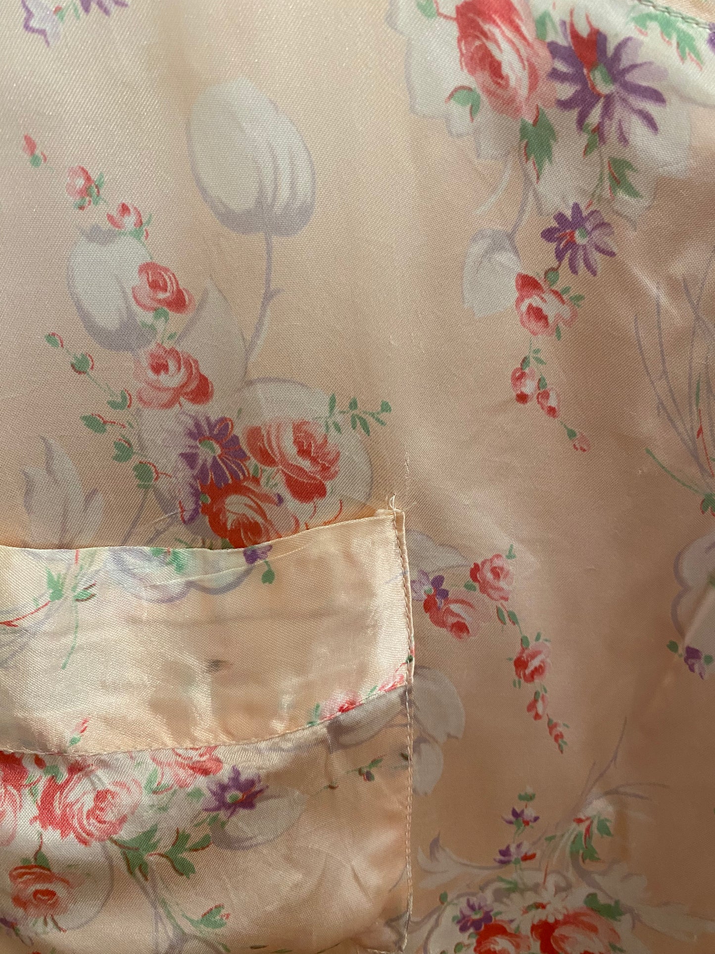 1940s Rococo Floral Satin Rayon Robe Duster- M