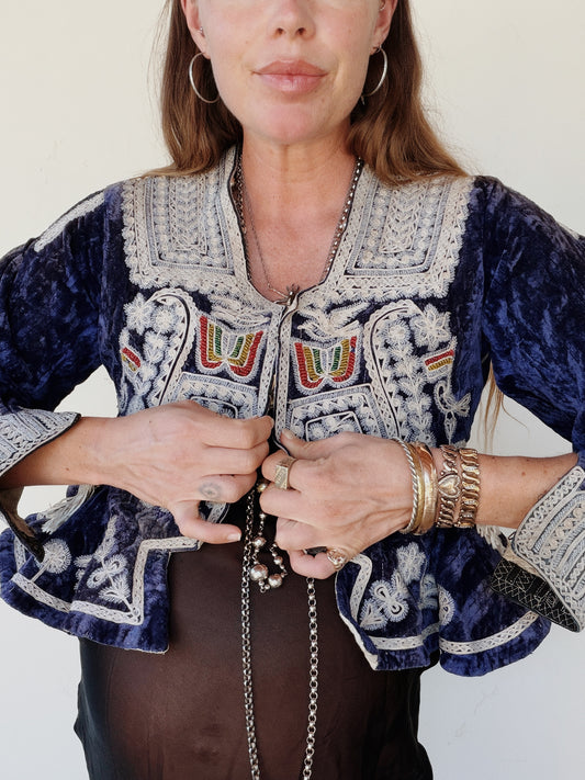 Antique Cobalt Blue Velvet Beaded Folk Jacket w/ Peplum- S/M-M