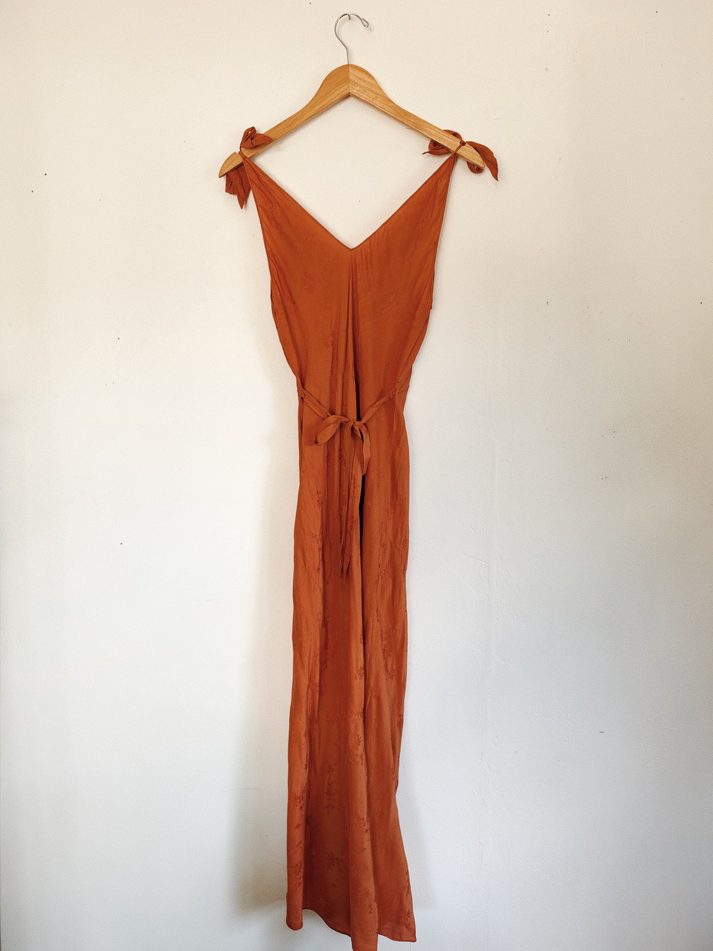 1930s Cardamom Spice Silk Jacquard Slip Dress w/ Bow Straps- S/M