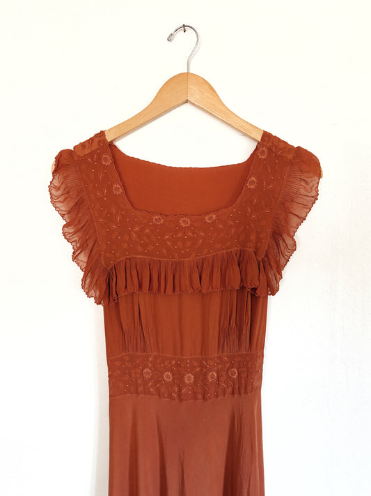 1930s/40s Fall Spiced Silk Embroidered Babydoll Slip Dress- S/M-M