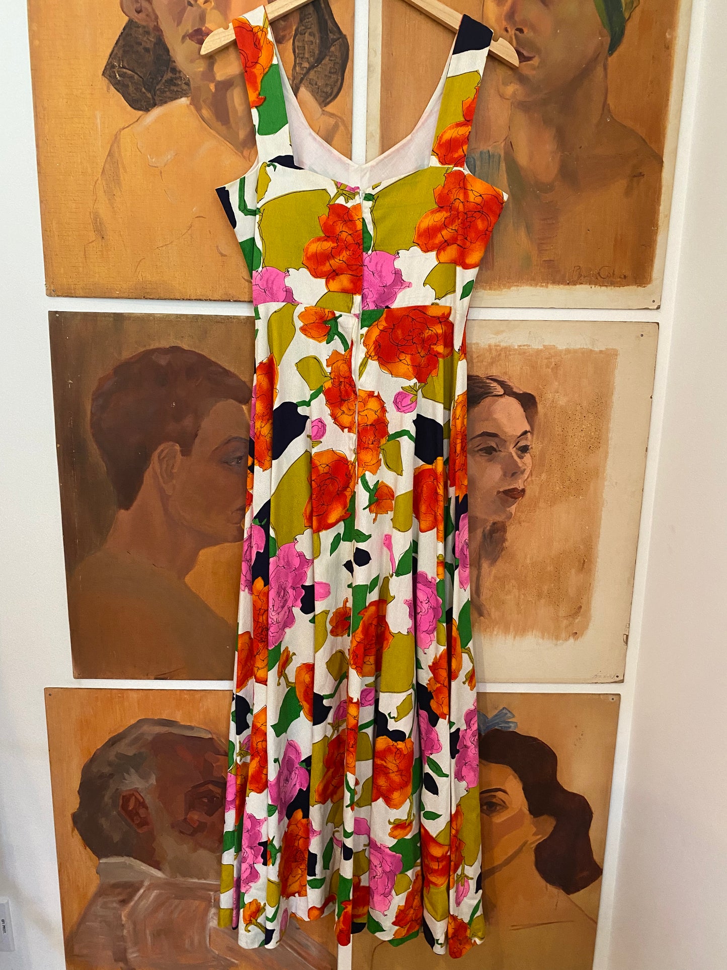 1950s/60s Julie Mills Bark Cloth Floral Maxi Dress- 8/10