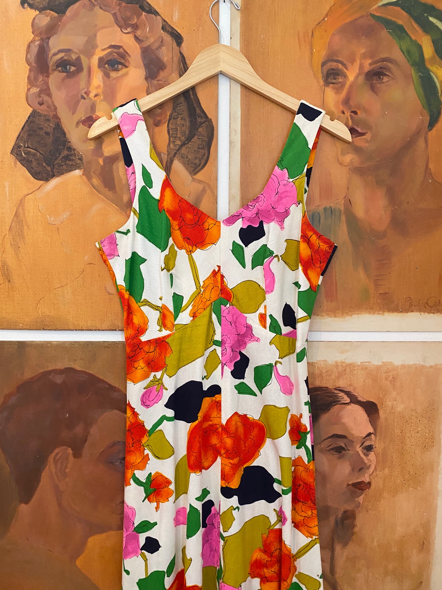 1950s/60s Julie Mills Bark Cloth Floral Maxi Dress- 8/10