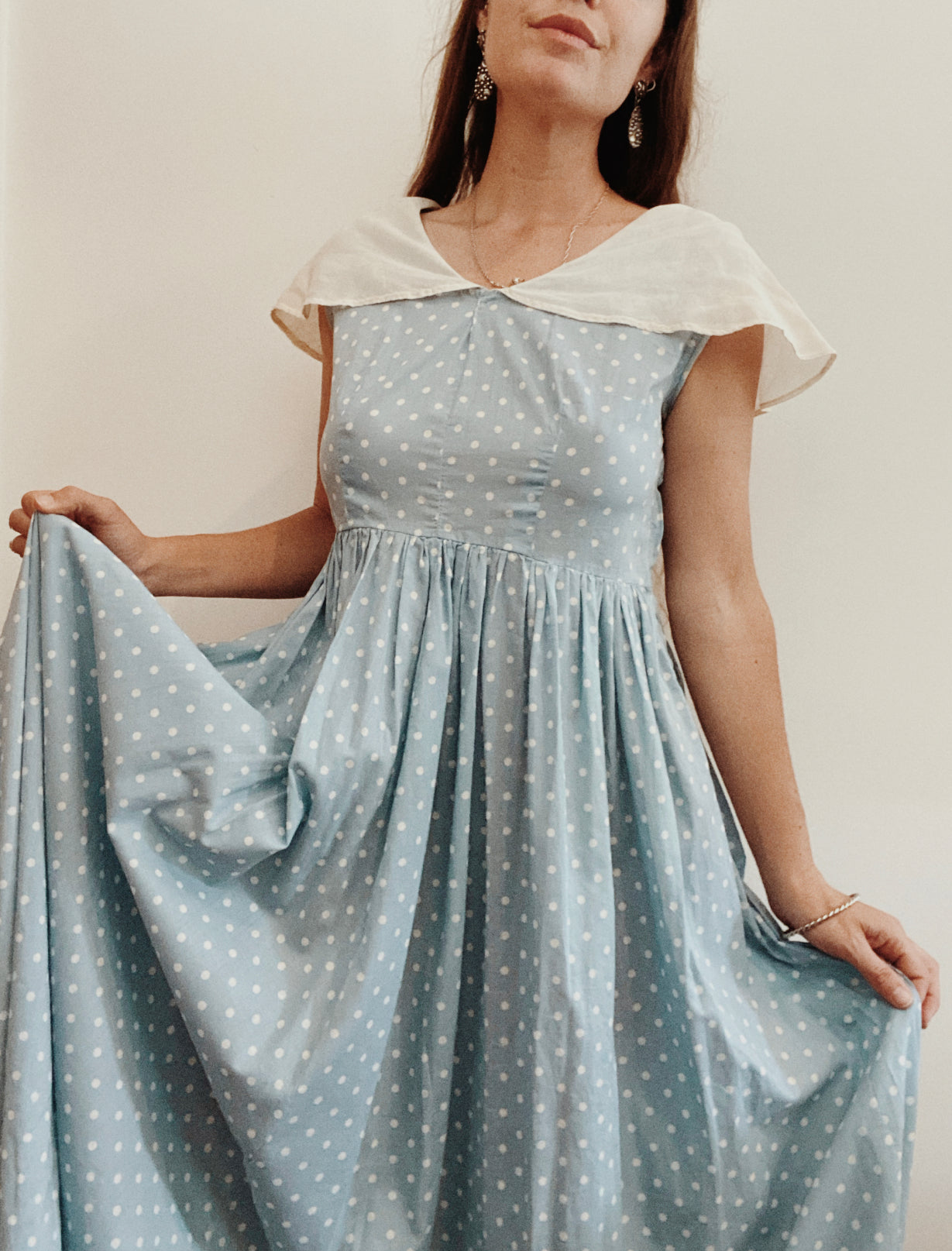 1940s Baby Blue Cotton Polka Dot Maxi Dress w/ Shawl Collar- L