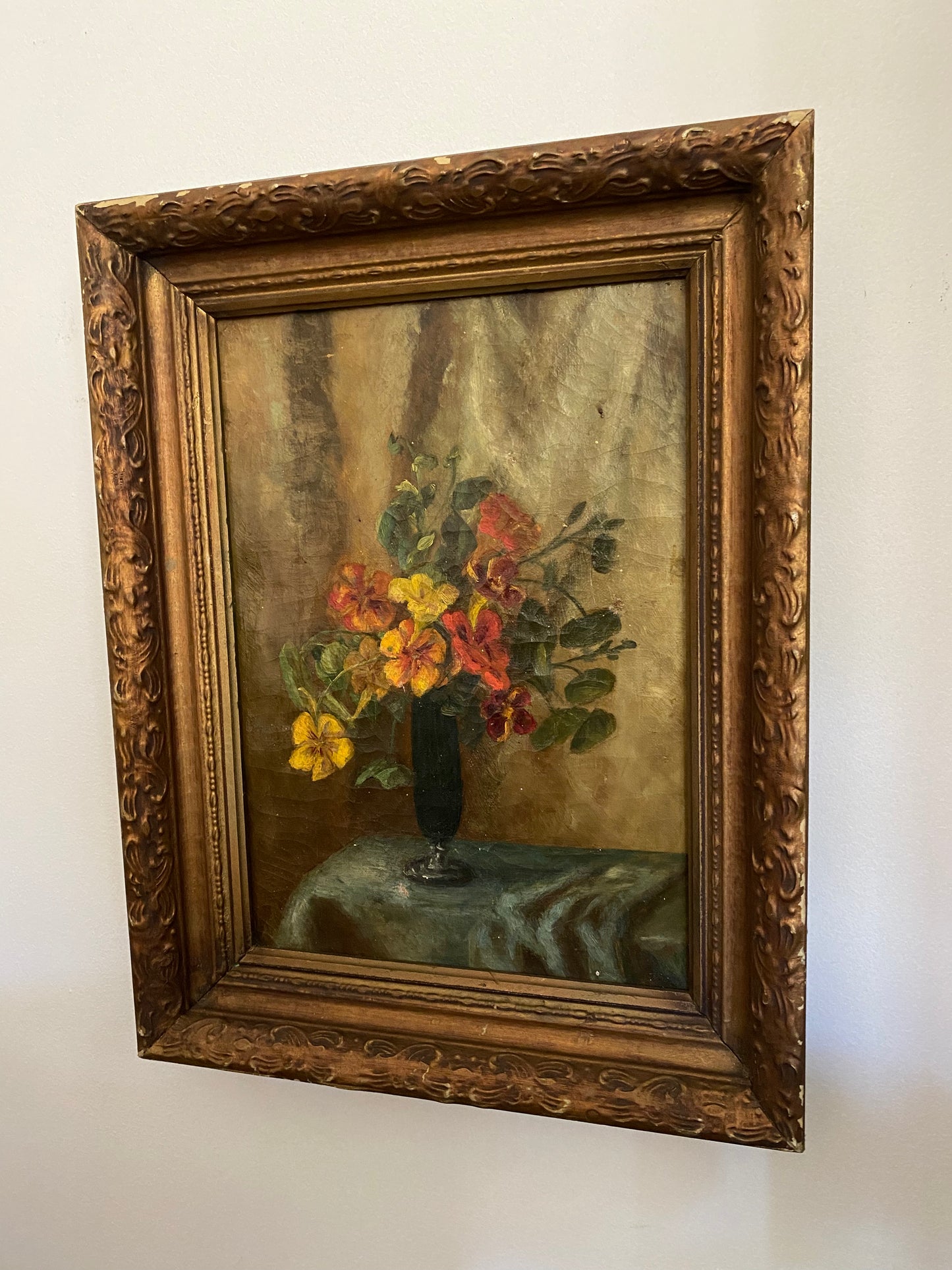 1920s/30s Nasturtium Antique Oil on Stretched Canvas- 13.5 x 17.5”