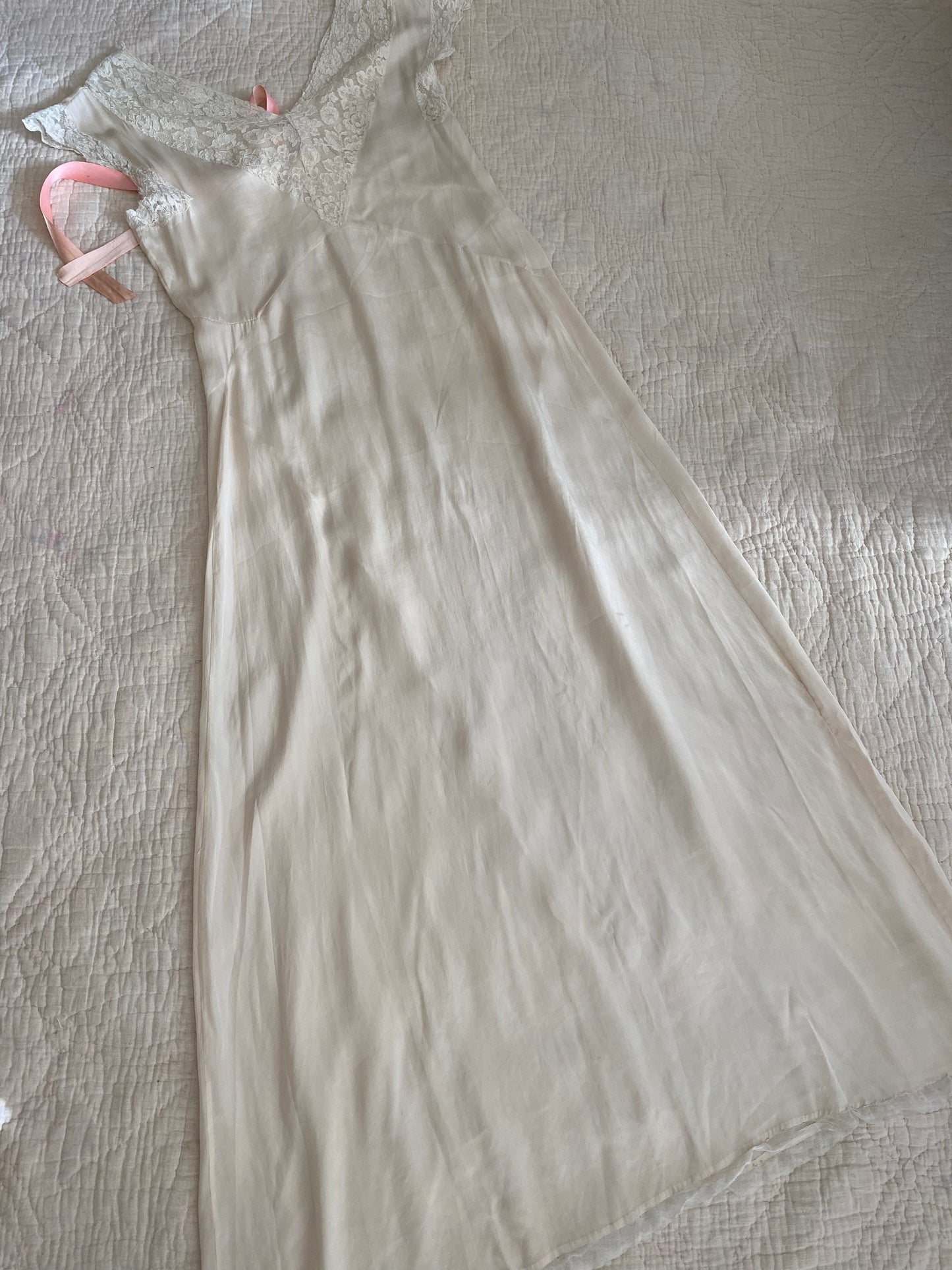 1930s Creme Silk + Lace Bias Cut Slip Dress w/ Rosettes- L