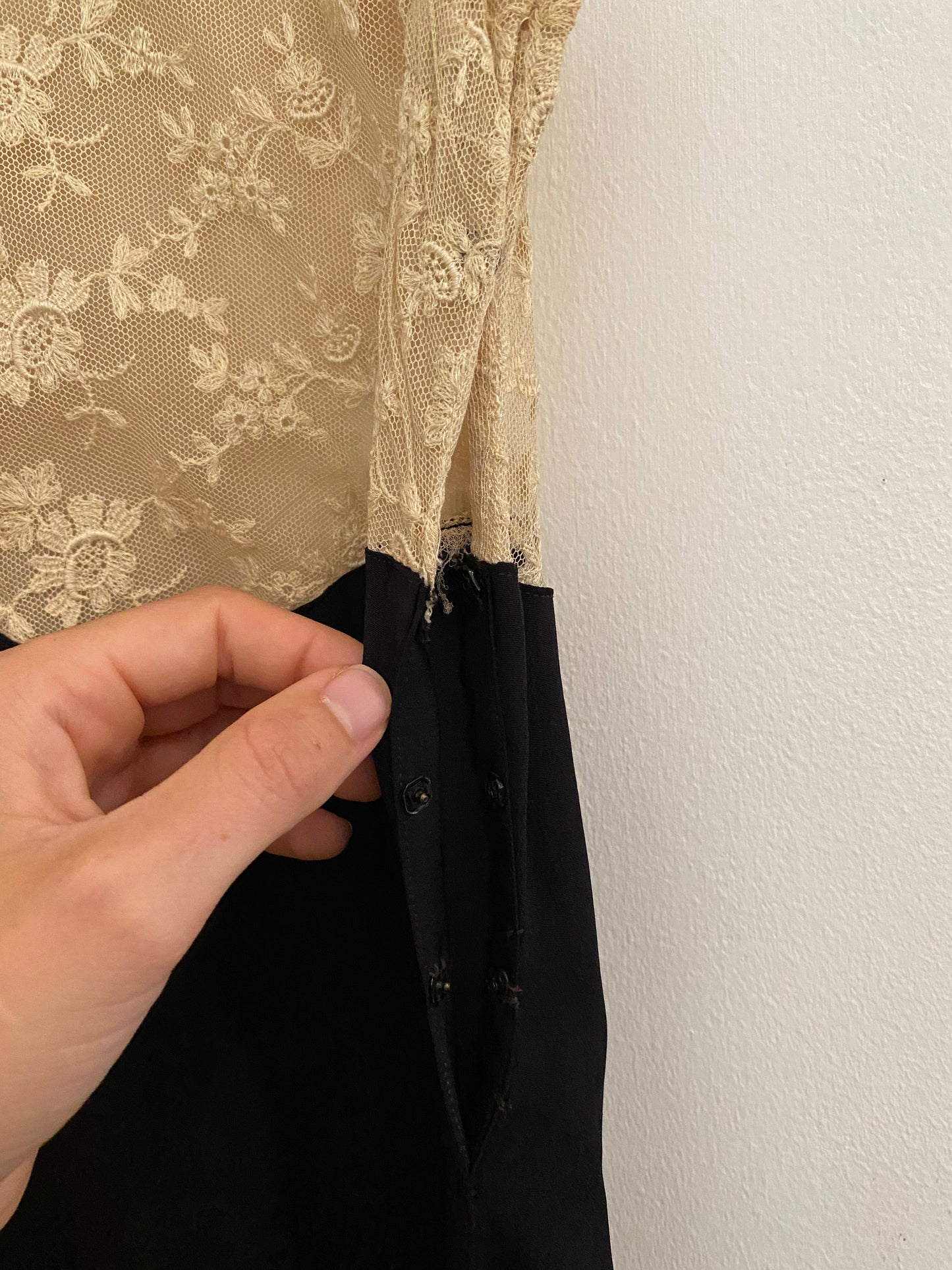 1930s Black Rayon + Ecru Lace Dress- S/M