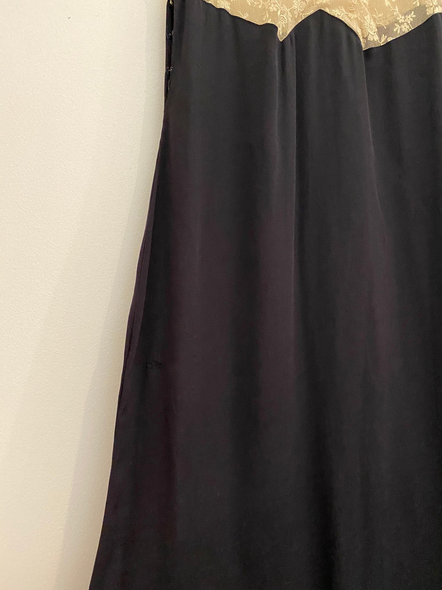 1930s Black Rayon + Ecru Lace Dress- S/M