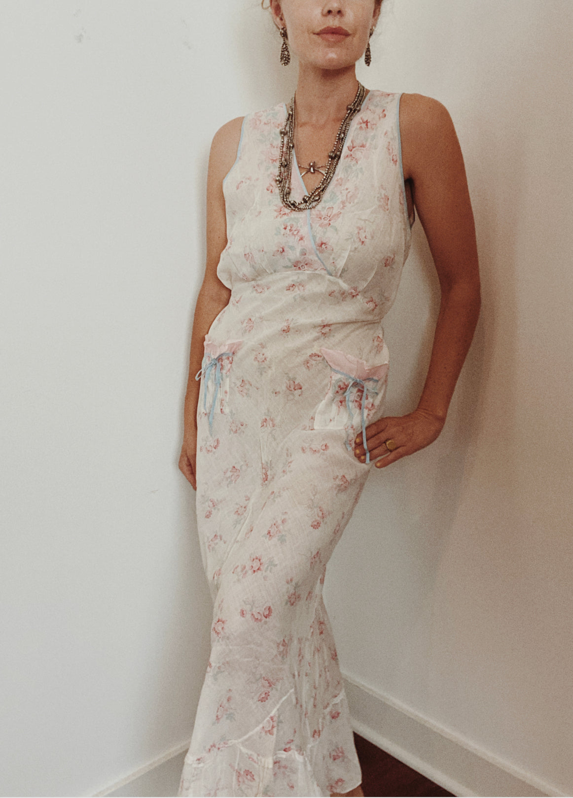 1930s Floral Cotton Gauze Bias Cut Maxi Dress- M/L