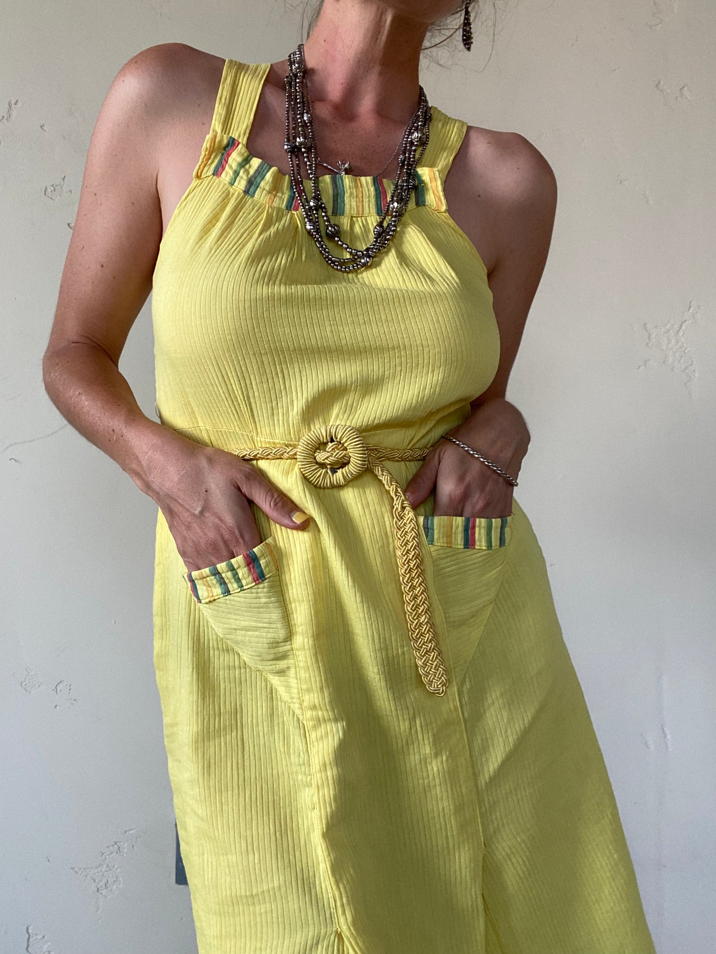 1930s Yellow Ribbed Sportswear Dress w/ Deco Pockets- S/M