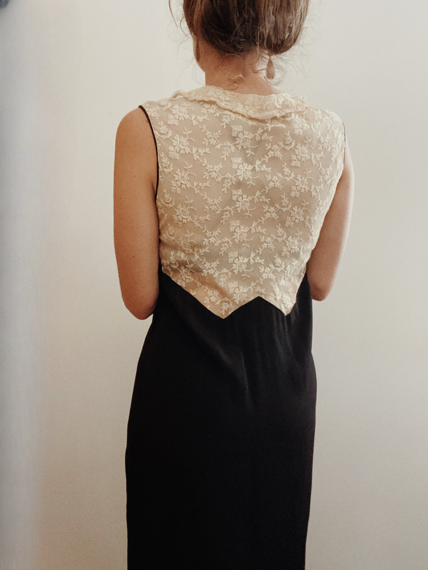 1930s Black Rayon + Ecru Lace Dress- S/M