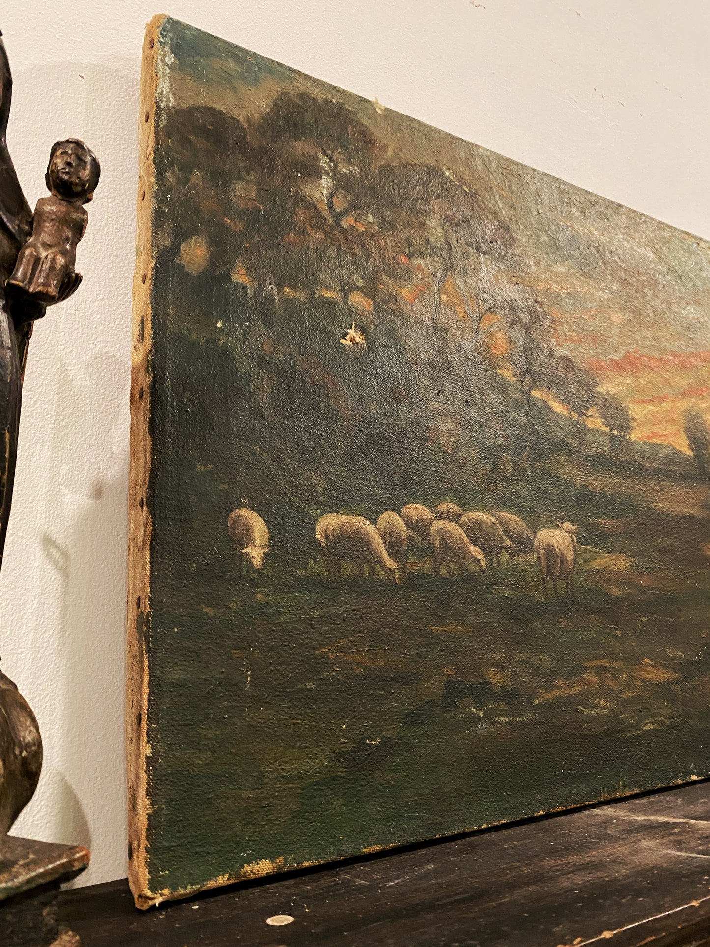 Antique Pastoral Sunset Scene Oil on Canvas- 16.5x20”