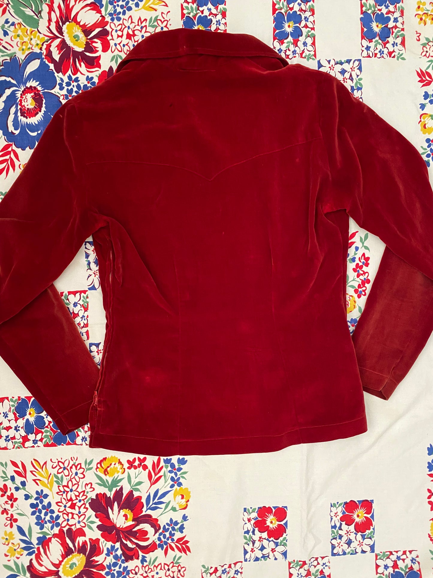 1950s Cabernet Velveteen Blouse w/ Silver + Turquoise Conchos- S/M
