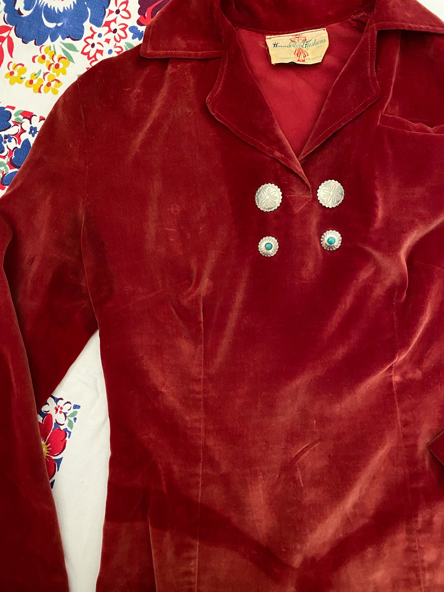 1950s Cabernet Velveteen Blouse w/ Silver + Turquoise Conchos- S/M